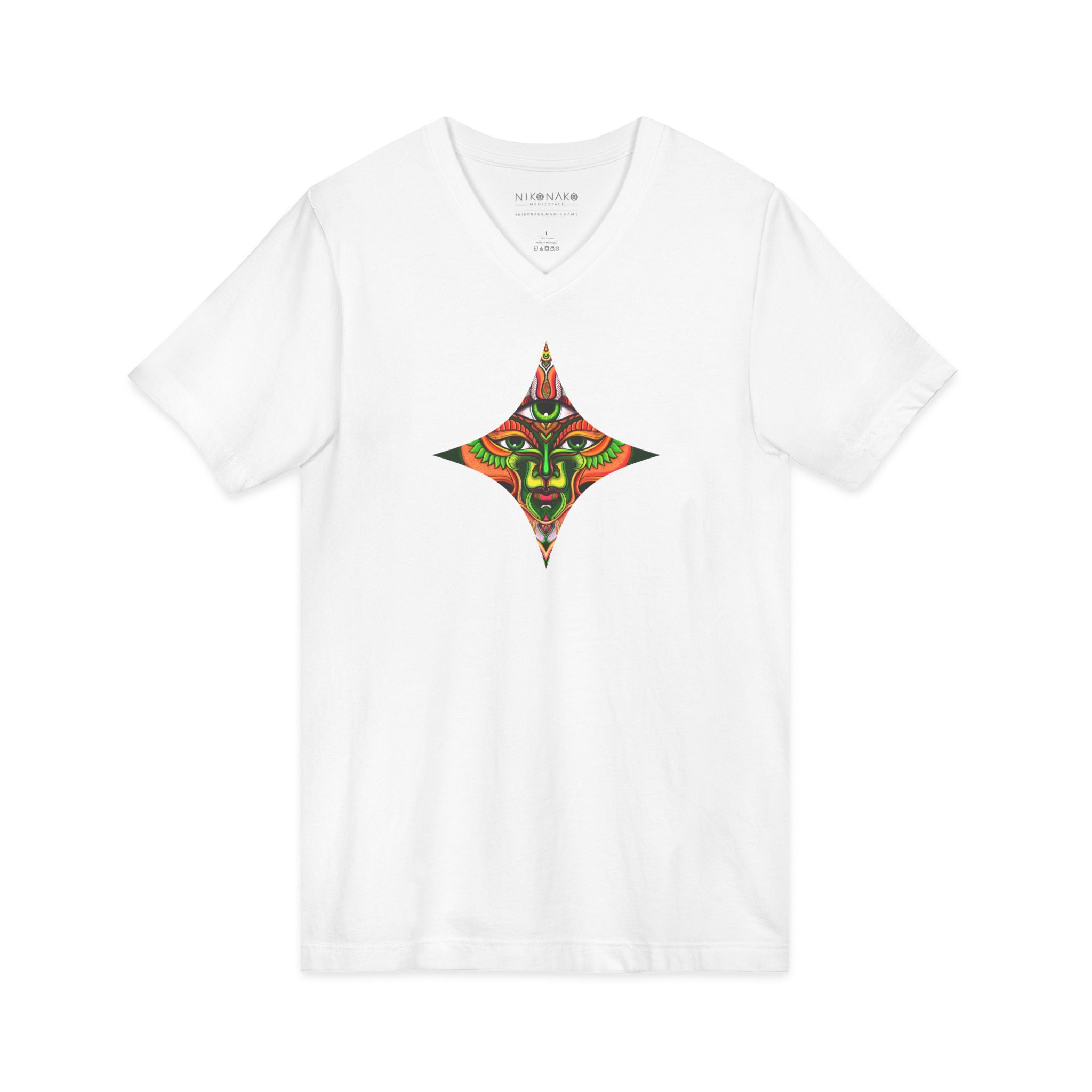 Tribal Mask Diamond Tee — Vibrant Ethnic Face Graphic V‑Neck T‑Shirt #hg 08656