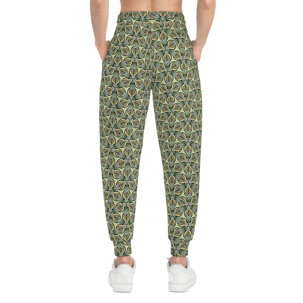 Green Geometric Leaf Pattern Joggers – All-Over Print Athletic Sweatpants #sp2