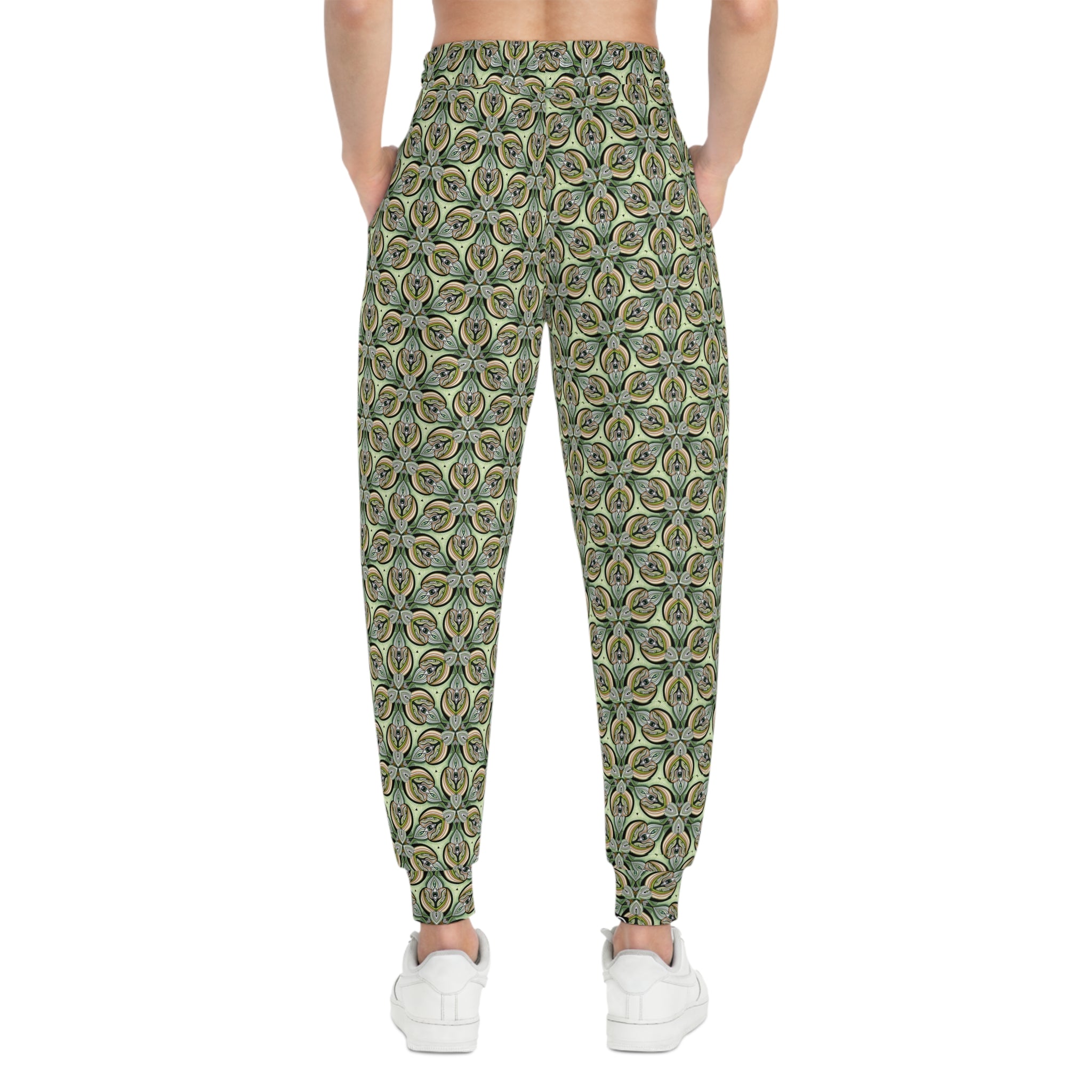 Green Geometric Leaf Pattern Joggers – All-Over Print Athletic Sweatpants #sp2