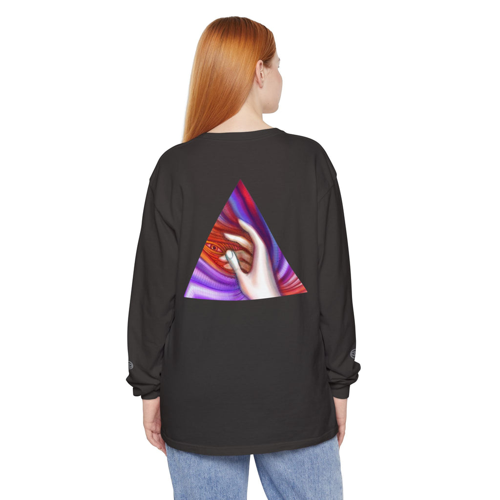 Long Sleeve T-Shirt — Triangular Hand Art Graphic (White) #sh26774