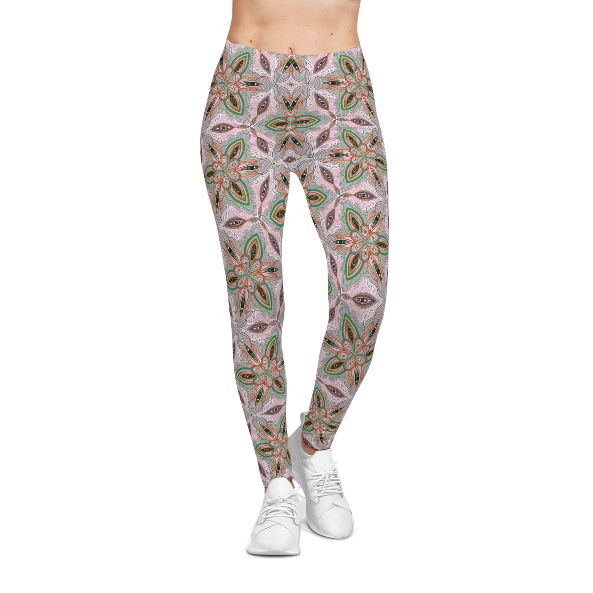 Floral Kaleidoscope Leggings — Pink & Green Patterned Women's Leggings #g006332