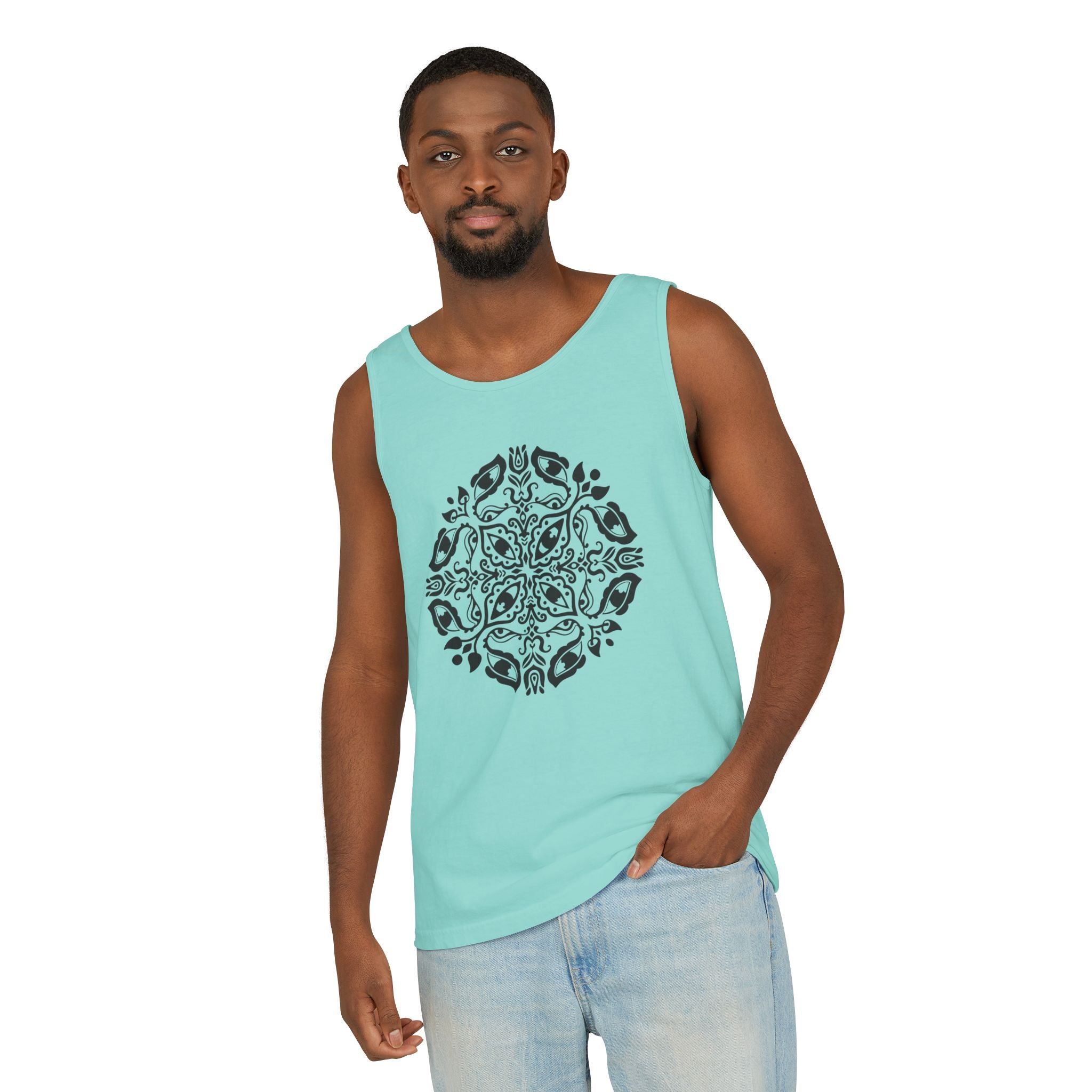 Boho Mandala Tank Top — Black Floral Circular Graphic Tank #fr3