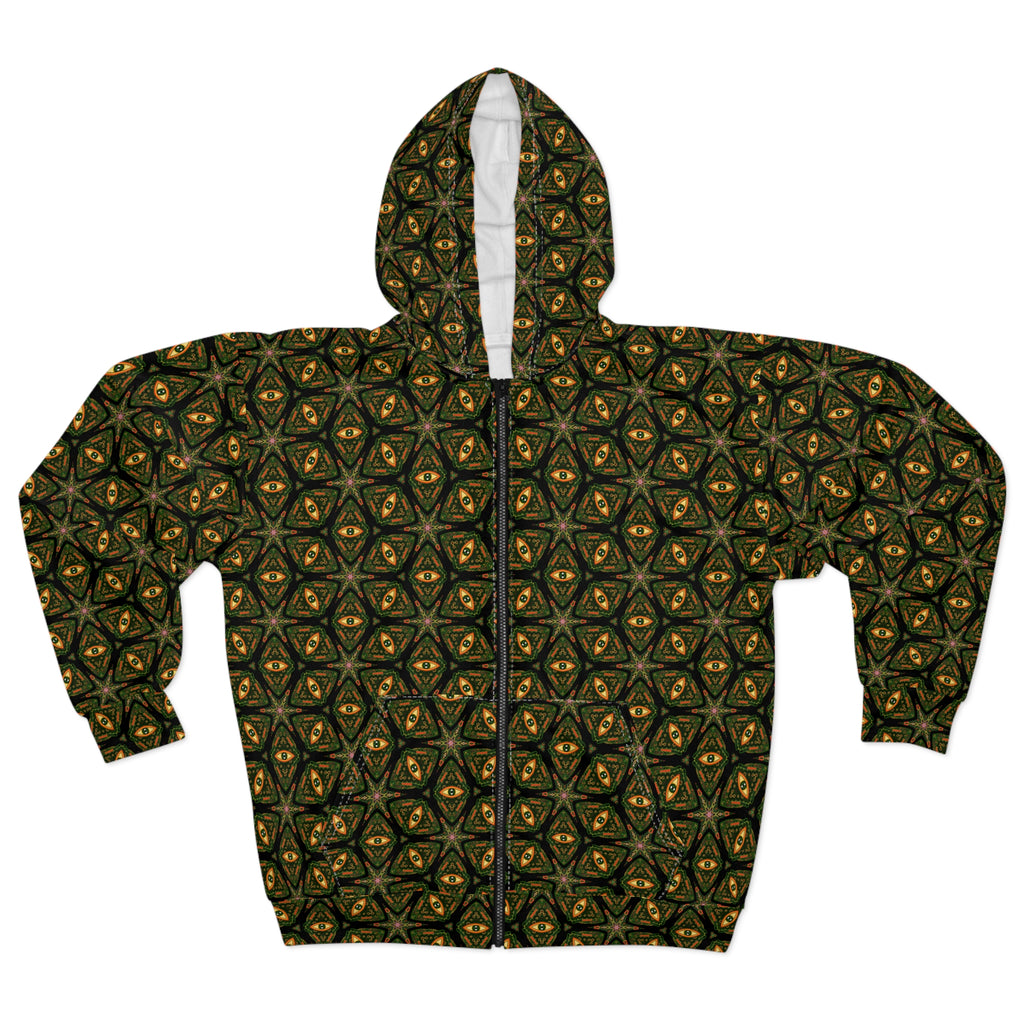 Kaleidoscope Geo Zip Hoodie — Olive Gold All-Over Print #u975567