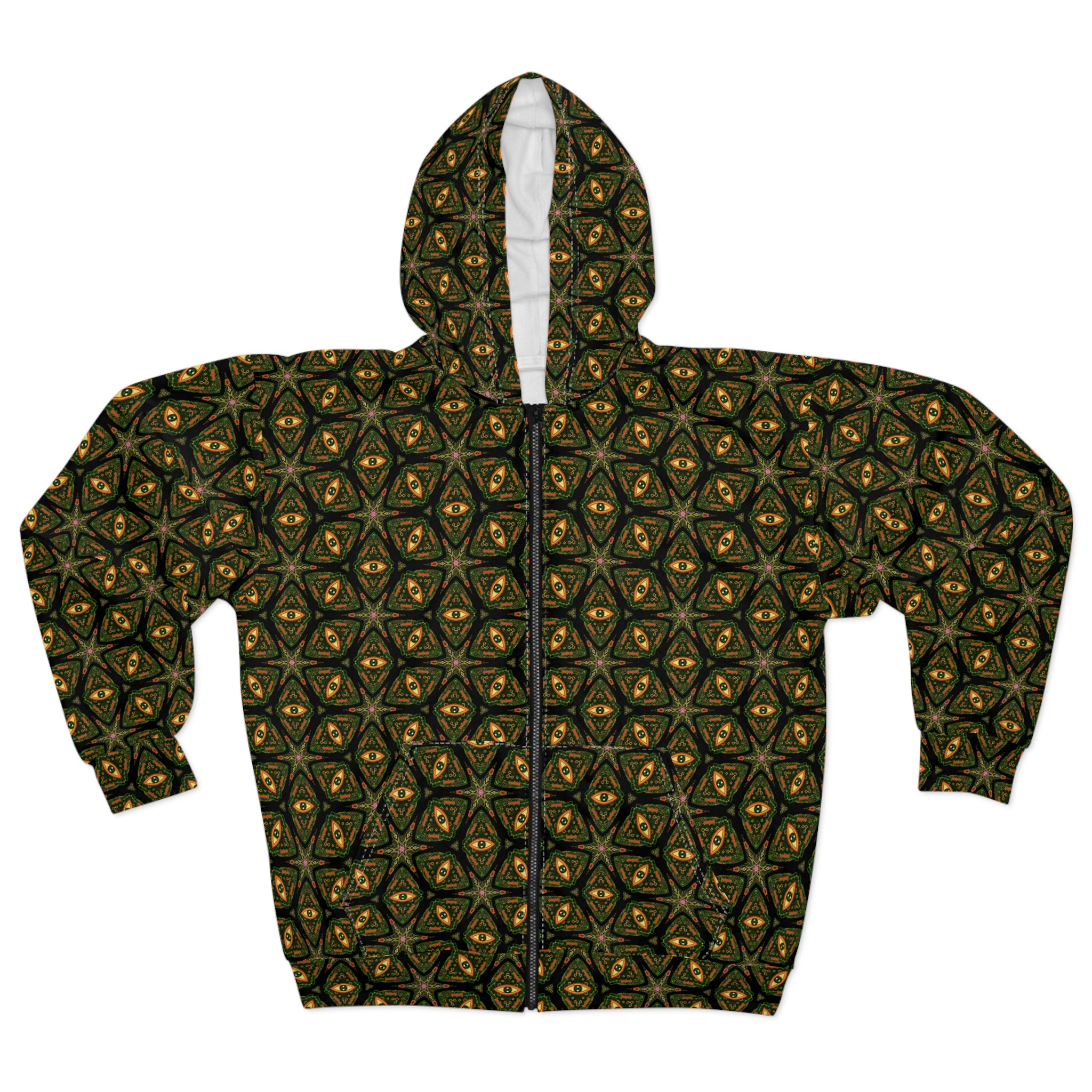 Kaleidoscope Geo Zip Hoodie — Olive Gold All-Over Print #u975567