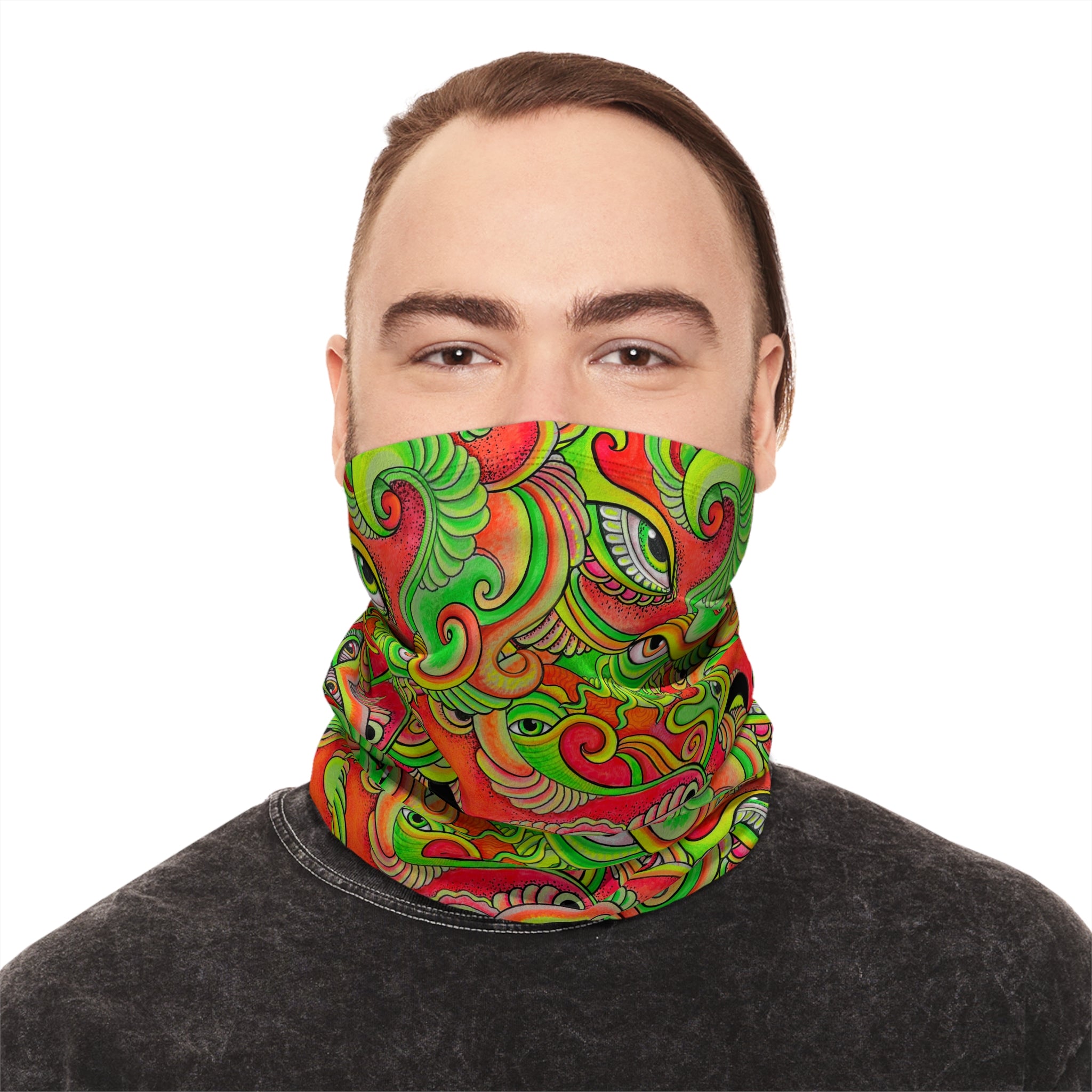 Psychedelic Paisley Winter Neck Gaiter with Drawstring — Bright Green & Orange Thermal Face Warmer #ew865479900