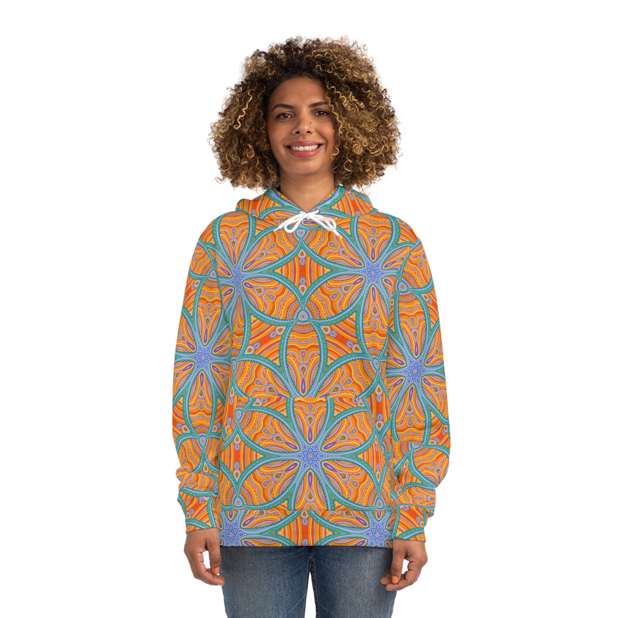 Abstract Psychedelic Pattern Hoodie — Orange Blue Geometric AOP #f9346789