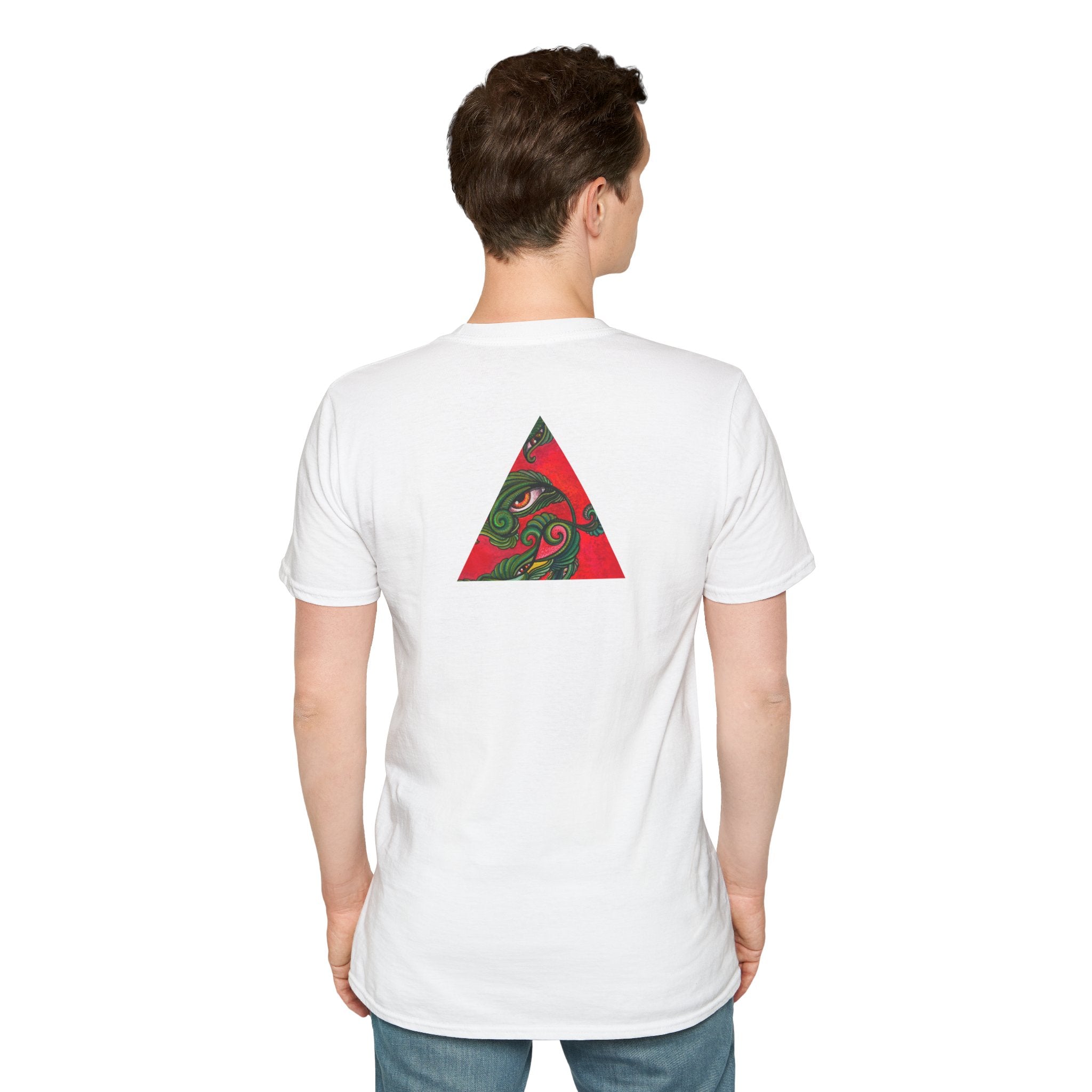 Geometric Tribal Eye Tee — Abstract Red & Green Triangle Graphic T-Shirt #sx432177