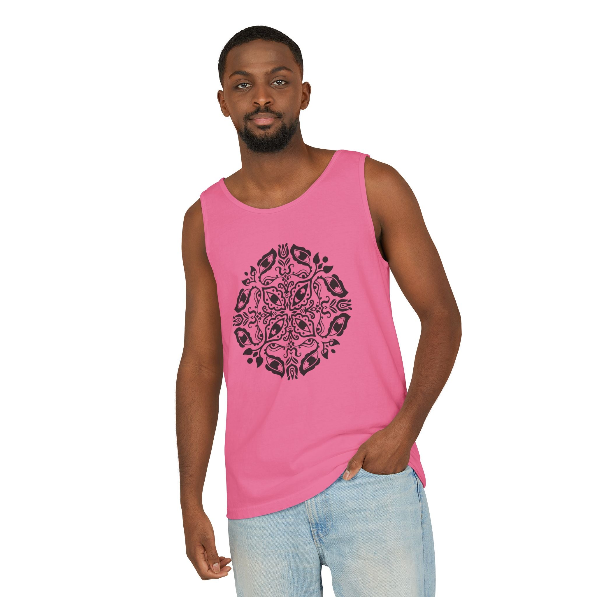 Boho Mandala Tank Top — Black Floral Circular Graphic Tank #fr3