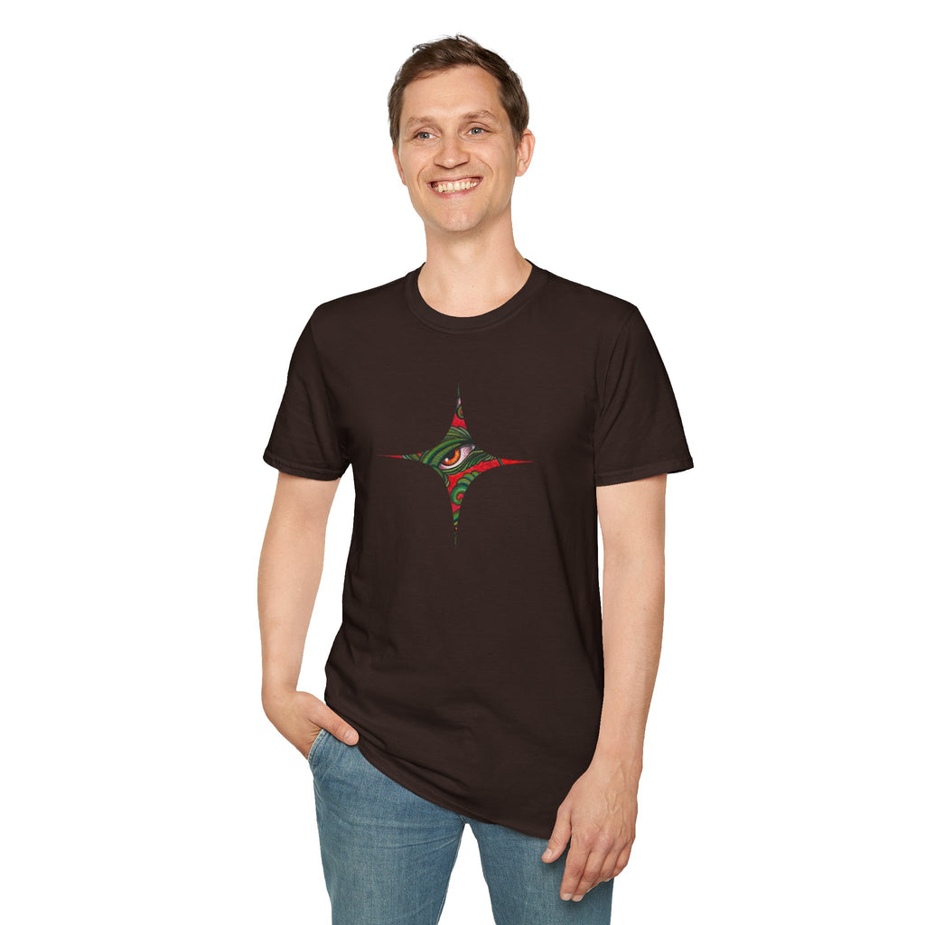 Geometric Tribal Eye Tee — Abstract Red & Green Triangle Graphic T-Shirt #sx432177