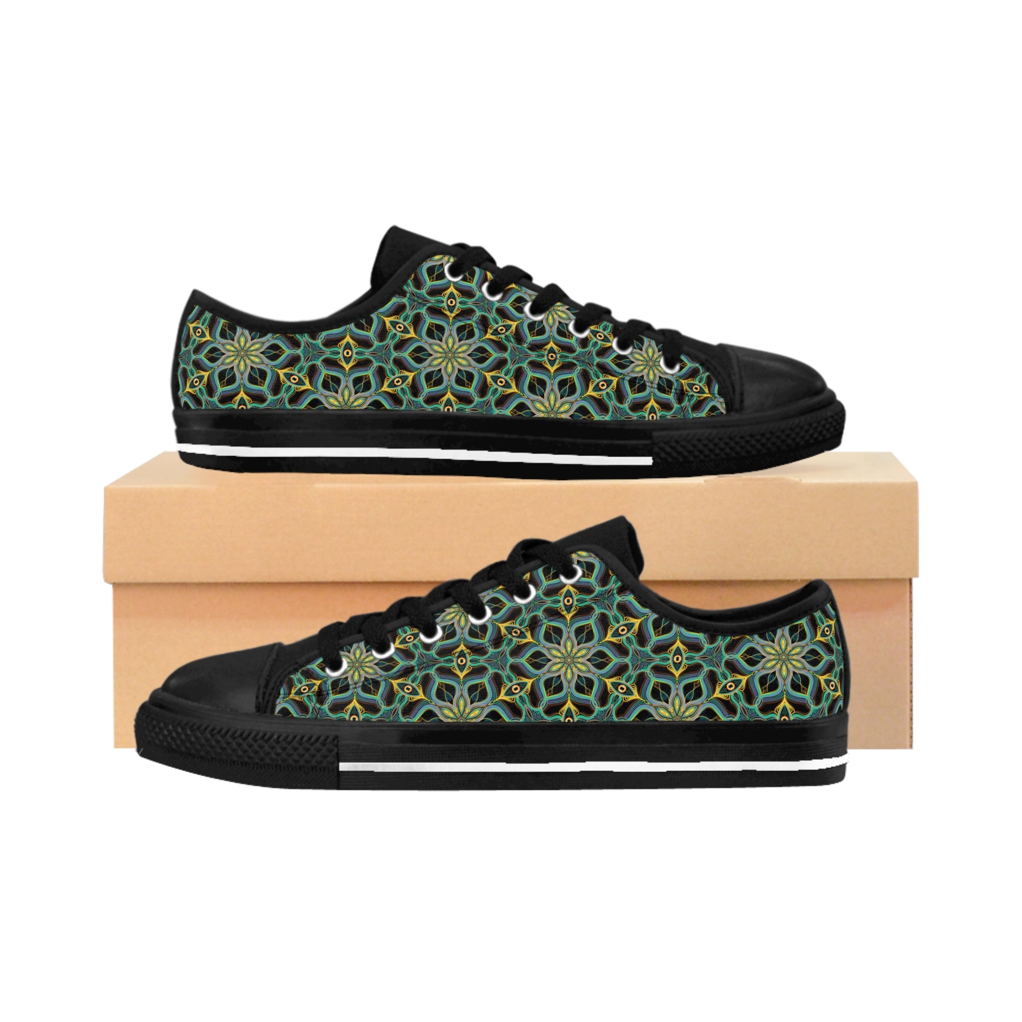 Women's Floral Kaleidoscope Sneakers — Green Patterned Canvas Shoes #kf9854