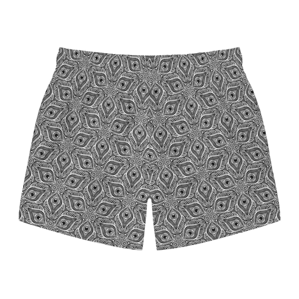 Monochrome Geometric Swim Trunks — Kaleidoscope Tile Pattern #st3