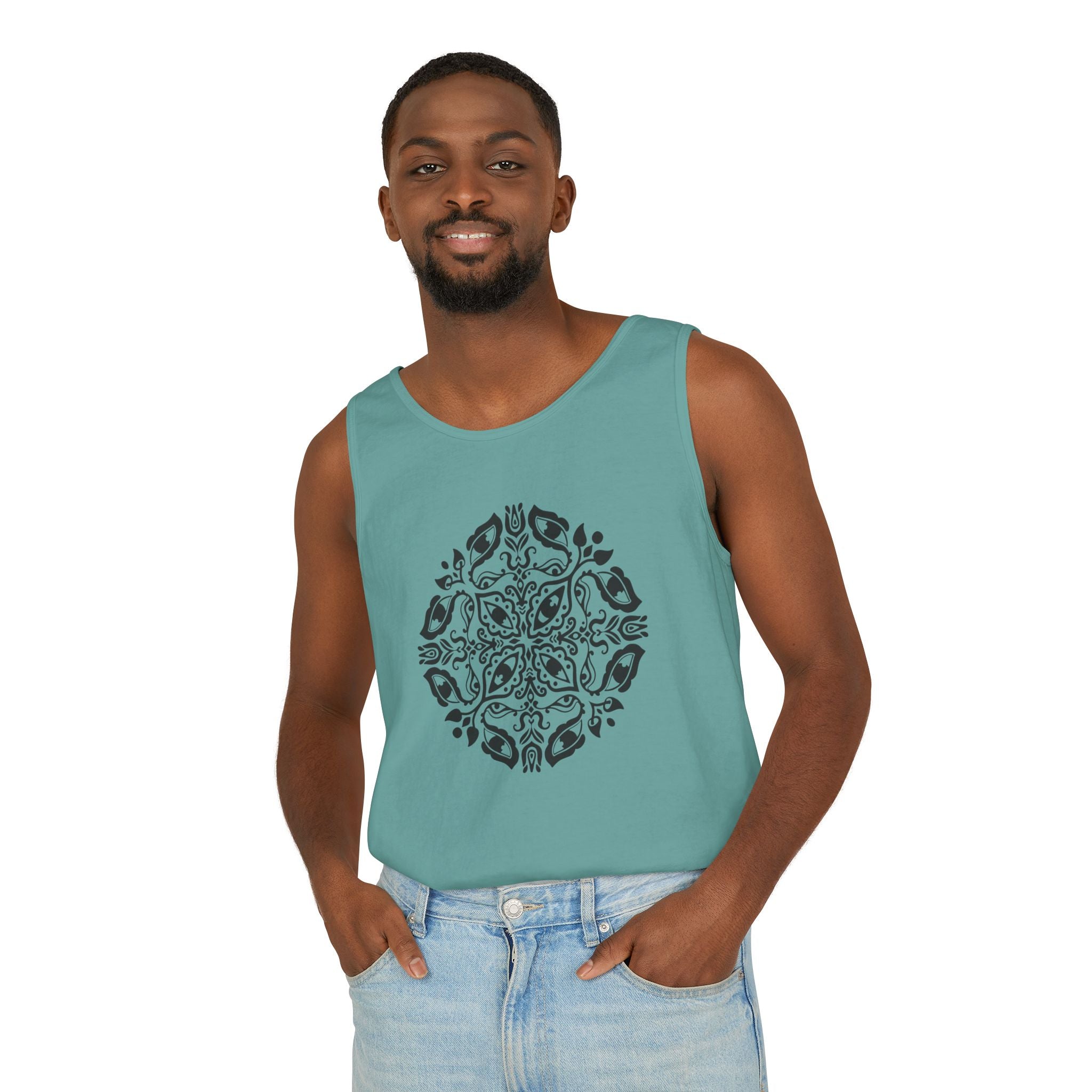 Boho Mandala Tank Top — Black Floral Circular Graphic Tank #fr3