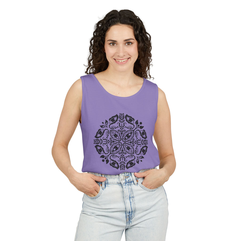 Boho Mandala Tank Top — Black Floral Circular Graphic Tank #fr3
