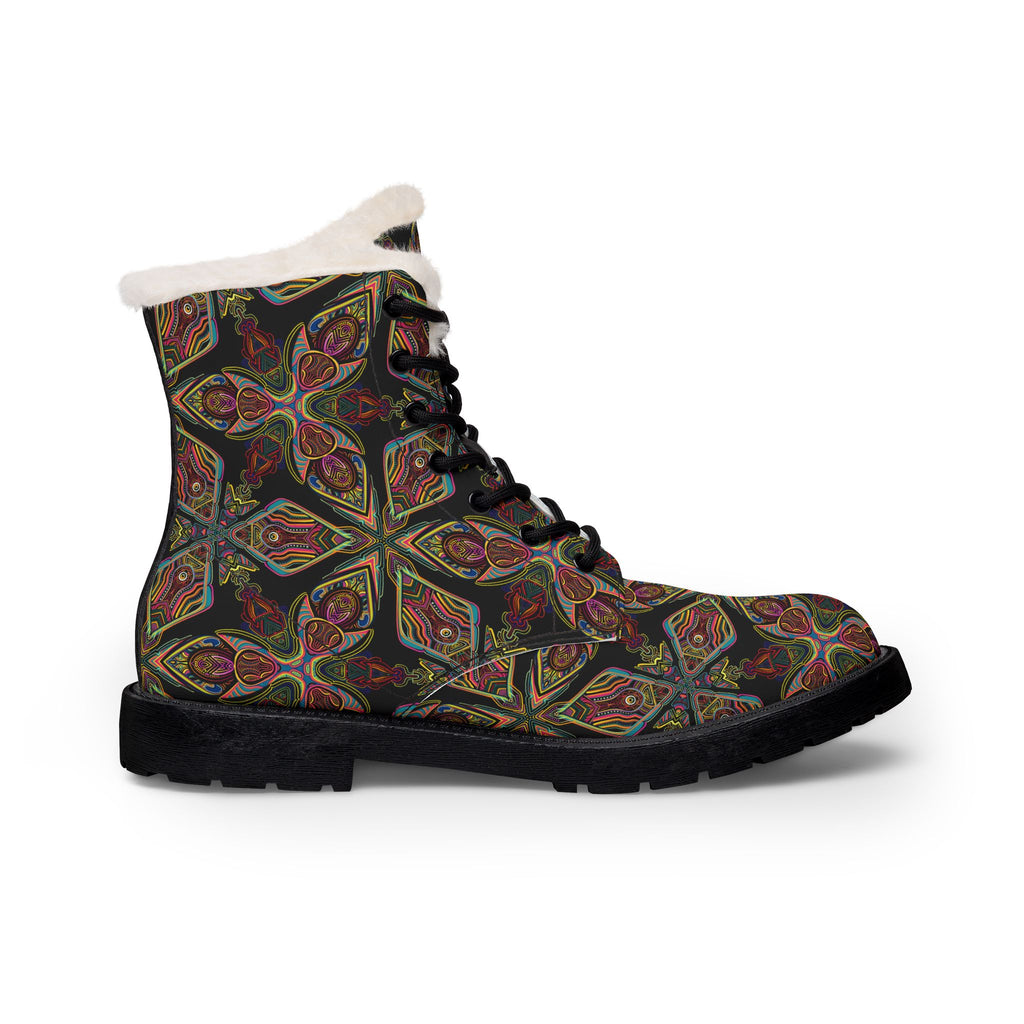 Women's Fur-Lined Leather Boots — Vintage Floral Kaleidoscope Winter Boots #hfs64299