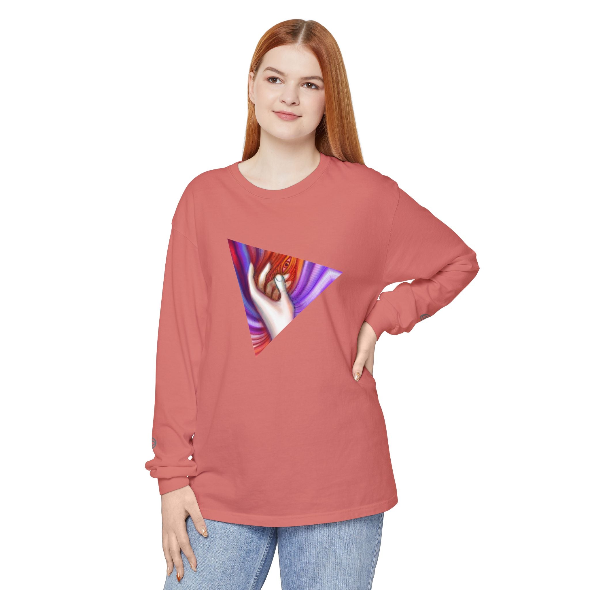 Long Sleeve T-Shirt — Triangular Hand Art Graphic (White) #sh26774