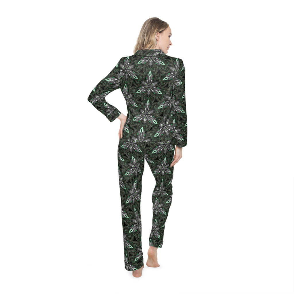 Satin Pajama Set — Green Floral Kaleidoscope Women's Sleepwear #gdc7643