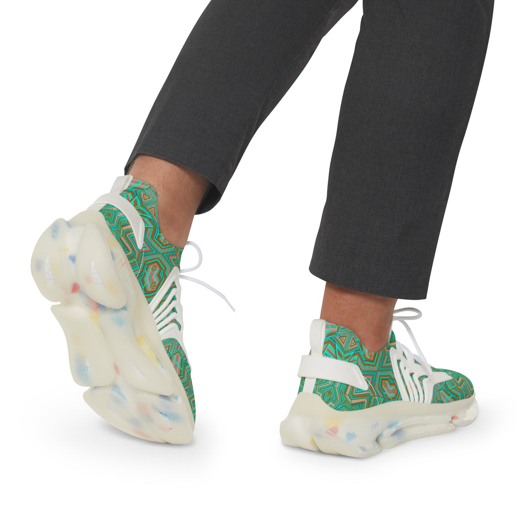 Green Geometric Mesh Sneakers — Men's Athletic Shoes with Kaleidoscope Pattern #khf87656
