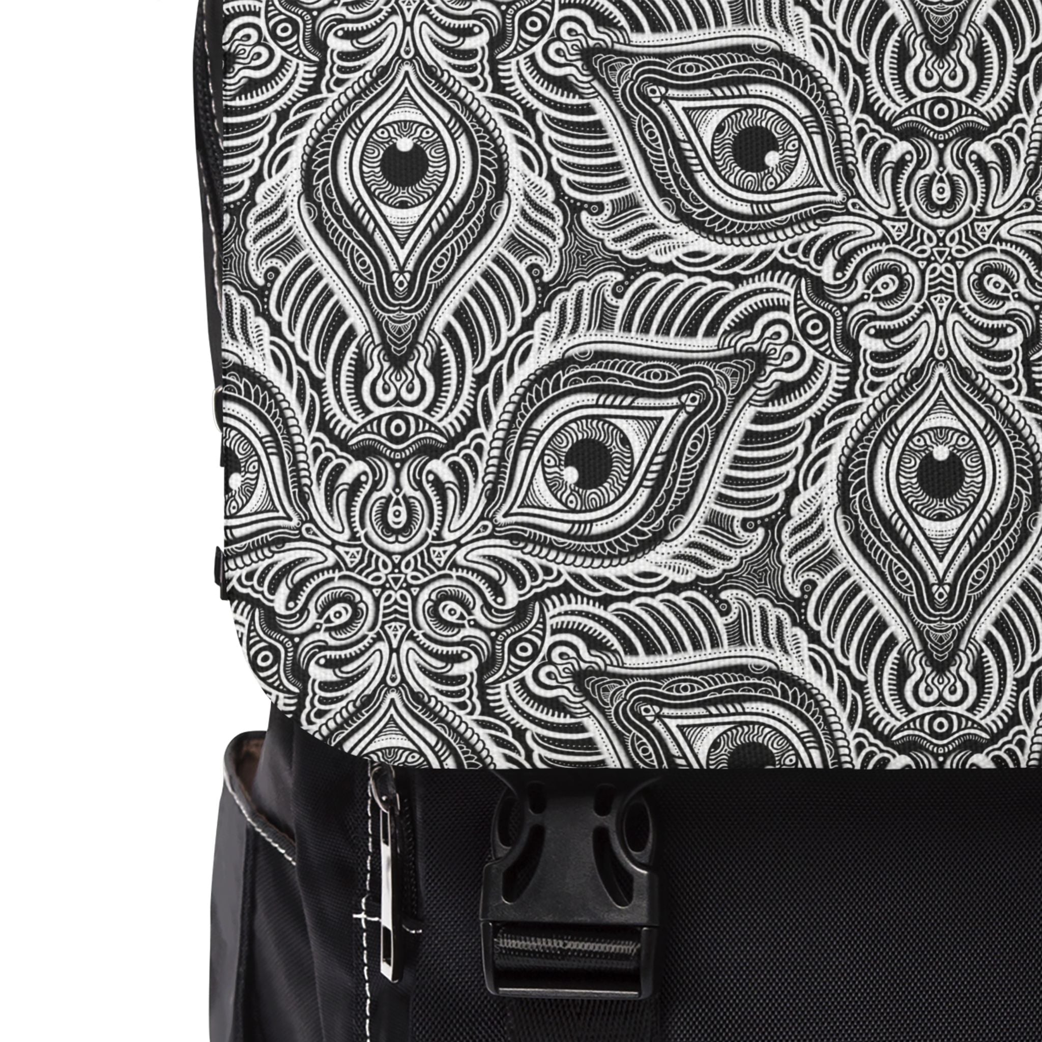Peacock Feather Mandala Backpack – Black Patterned Casual Shoulder Bag #bb54