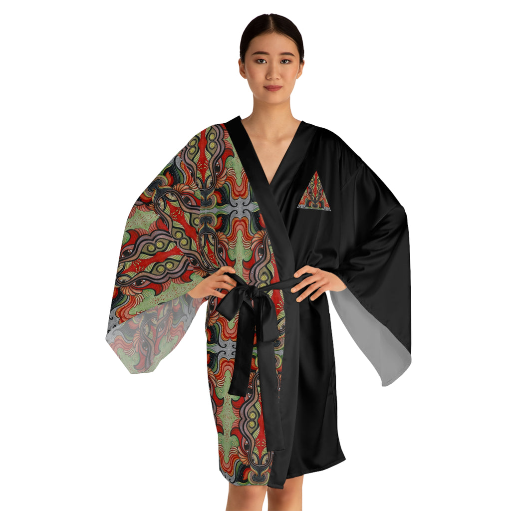 Kimono Robe – Bohemian Tribal Print Satin Wrap with Black Contrast #ut3336778