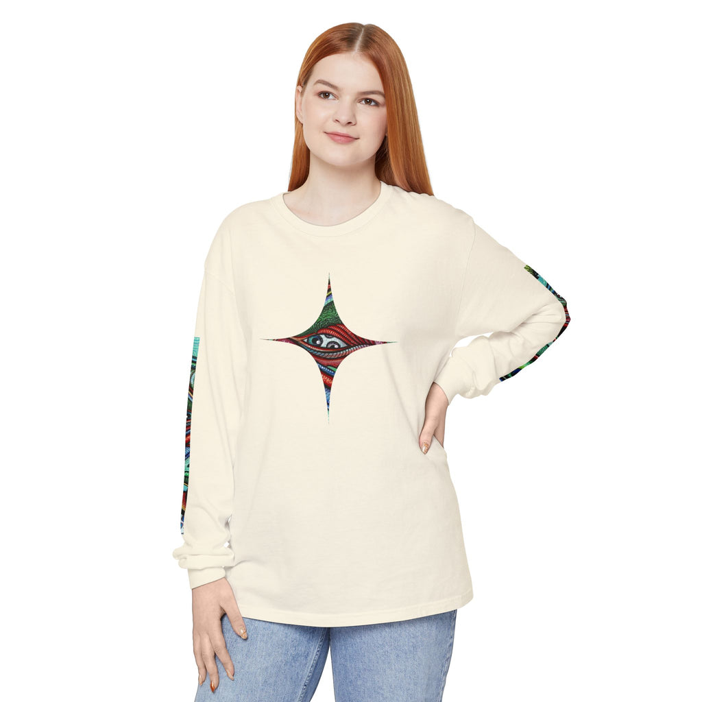Psychedelic Starburst Long Sleeve Tee — Colorful Eye & Sleeve Stripe Design #k976344