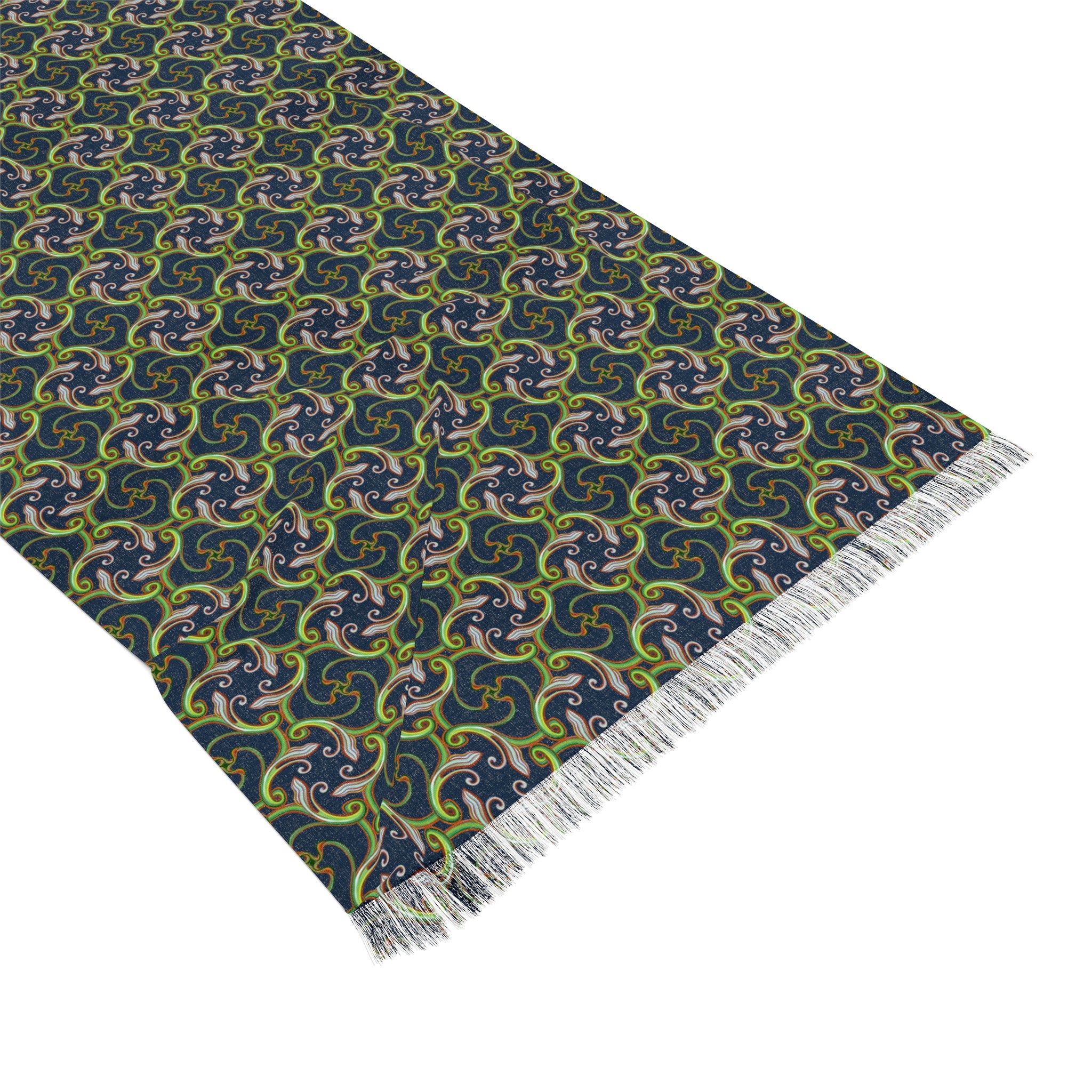 Lightweight Geometric Pattern Scarf – Green & Navy Woven Fringe Wrap #ls1