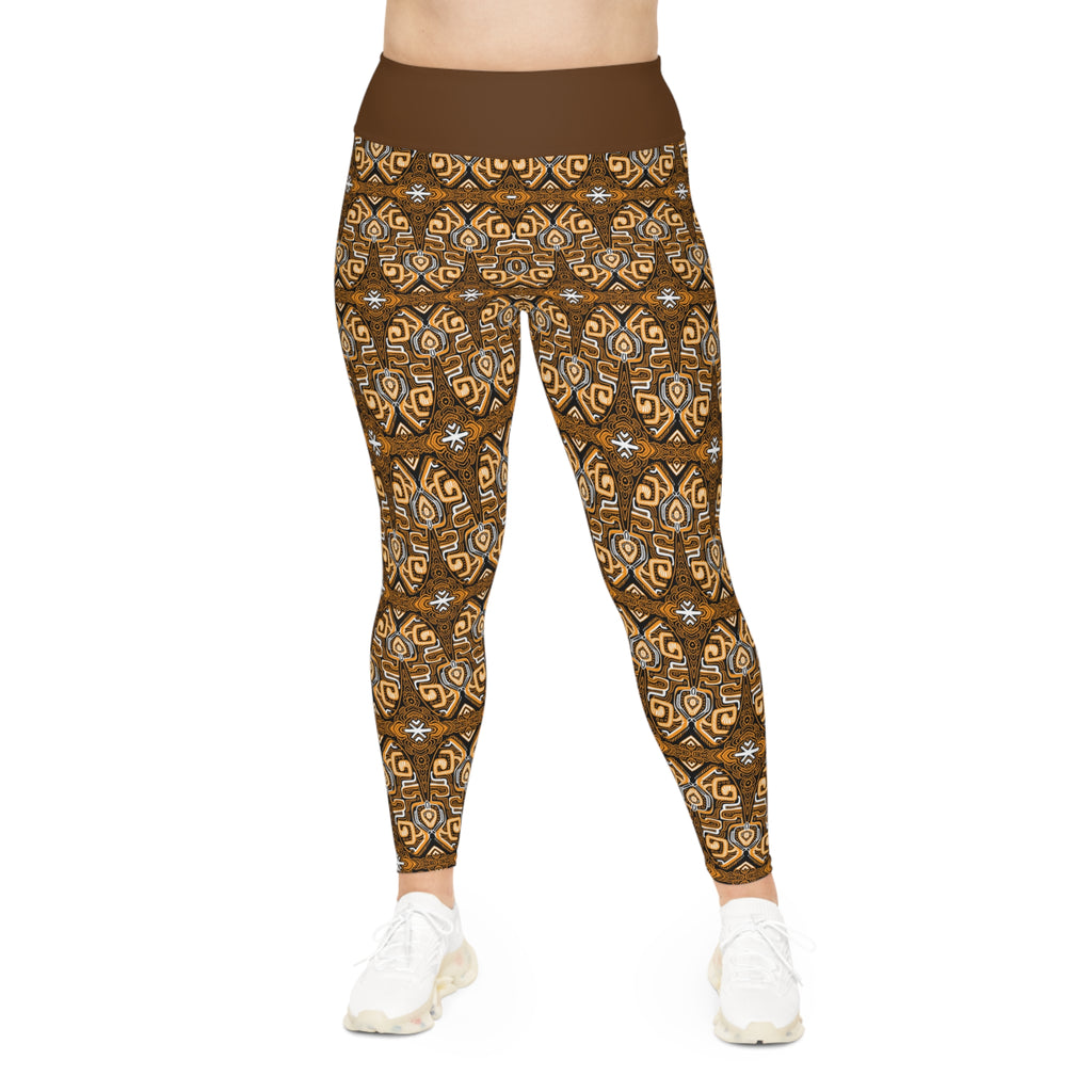 Plus Size Aztec Pattern Leggings — Brown Tribal All-Over Print #fdg6598