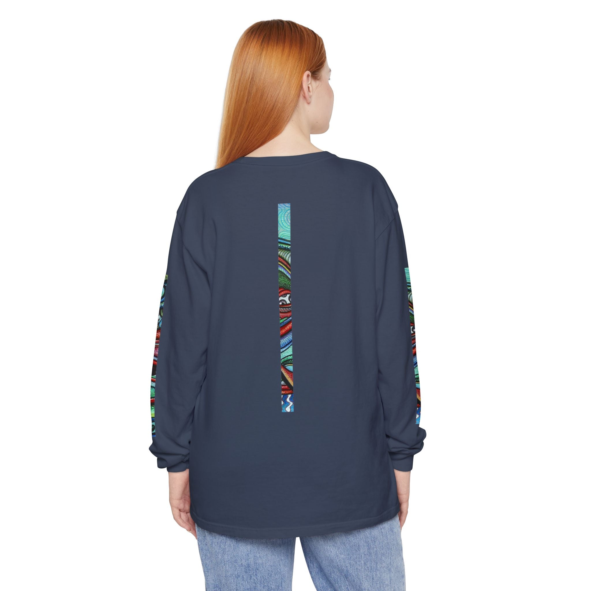 Psychedelic Starburst Long Sleeve Tee — Colorful Eye & Sleeve Stripe Design #k976344