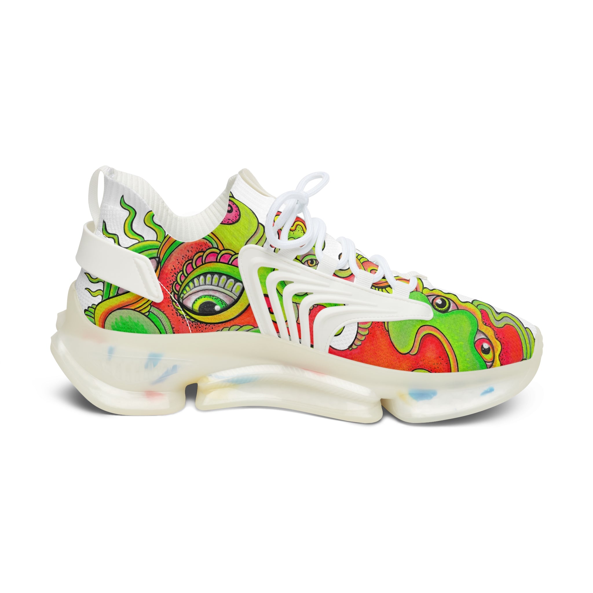 Psychedelic Floral Mesh Sneakers — Women's Colorful Retro Wave Athletic Shoes #d7843555