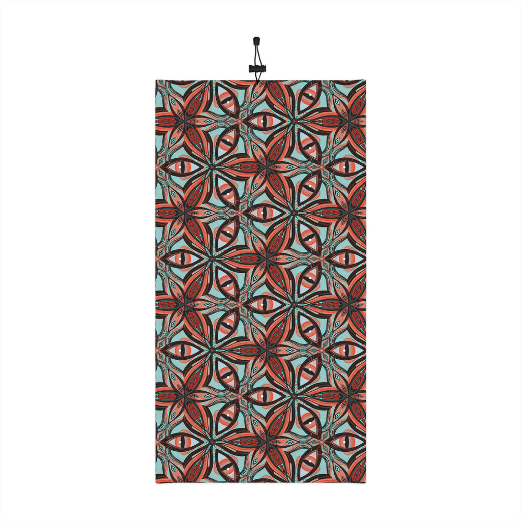 Patterned Winter Neck Gaiter — Red Teal Geometric Drawstring Face Mask