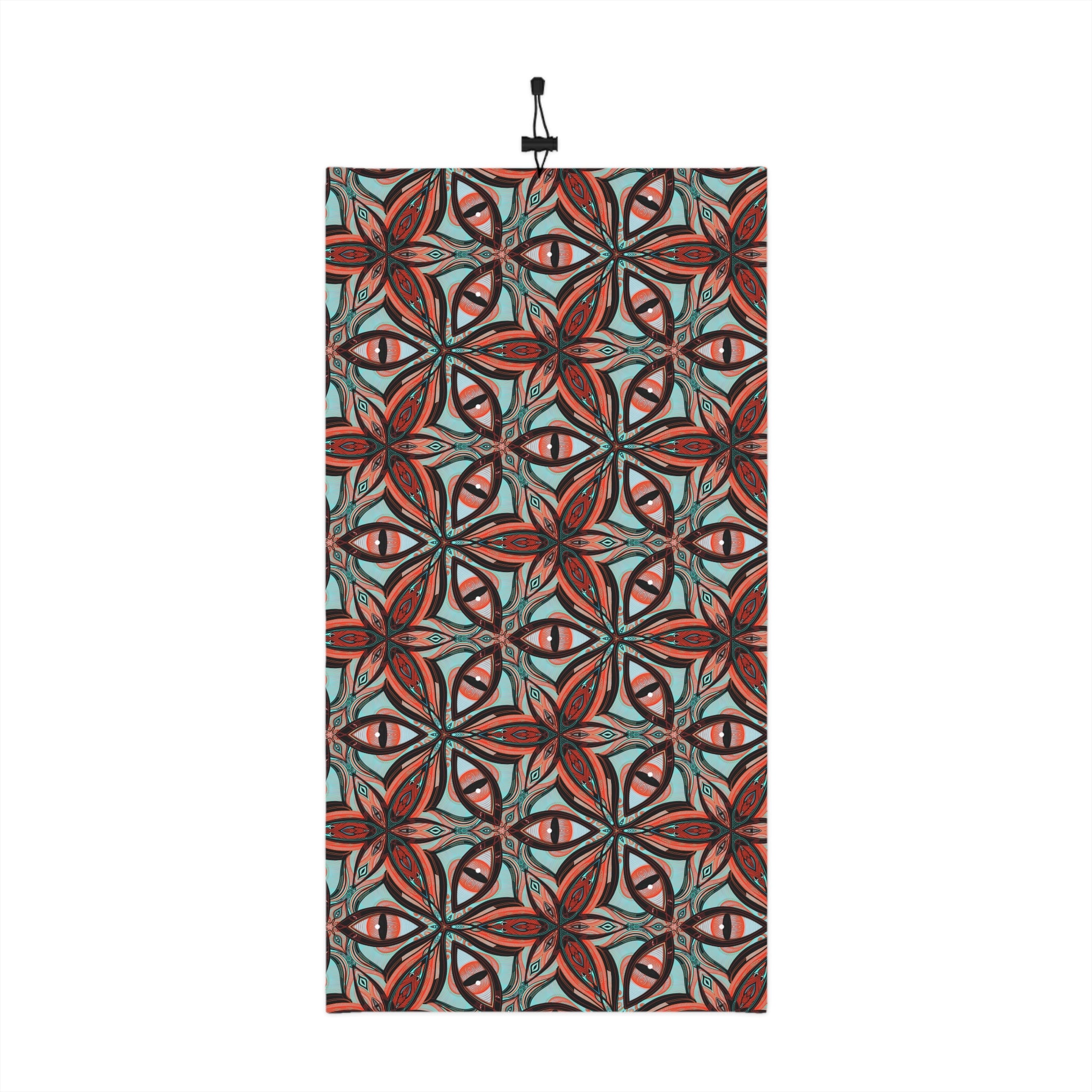 Patterned Winter Neck Gaiter — Red Teal Geometric Drawstring Face Mask