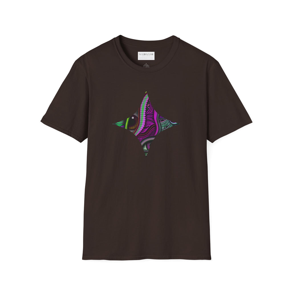 Psychedelic Eye Graphic T-Shirt — Abstract Purple & Green Starburst Circle Design. #ts6