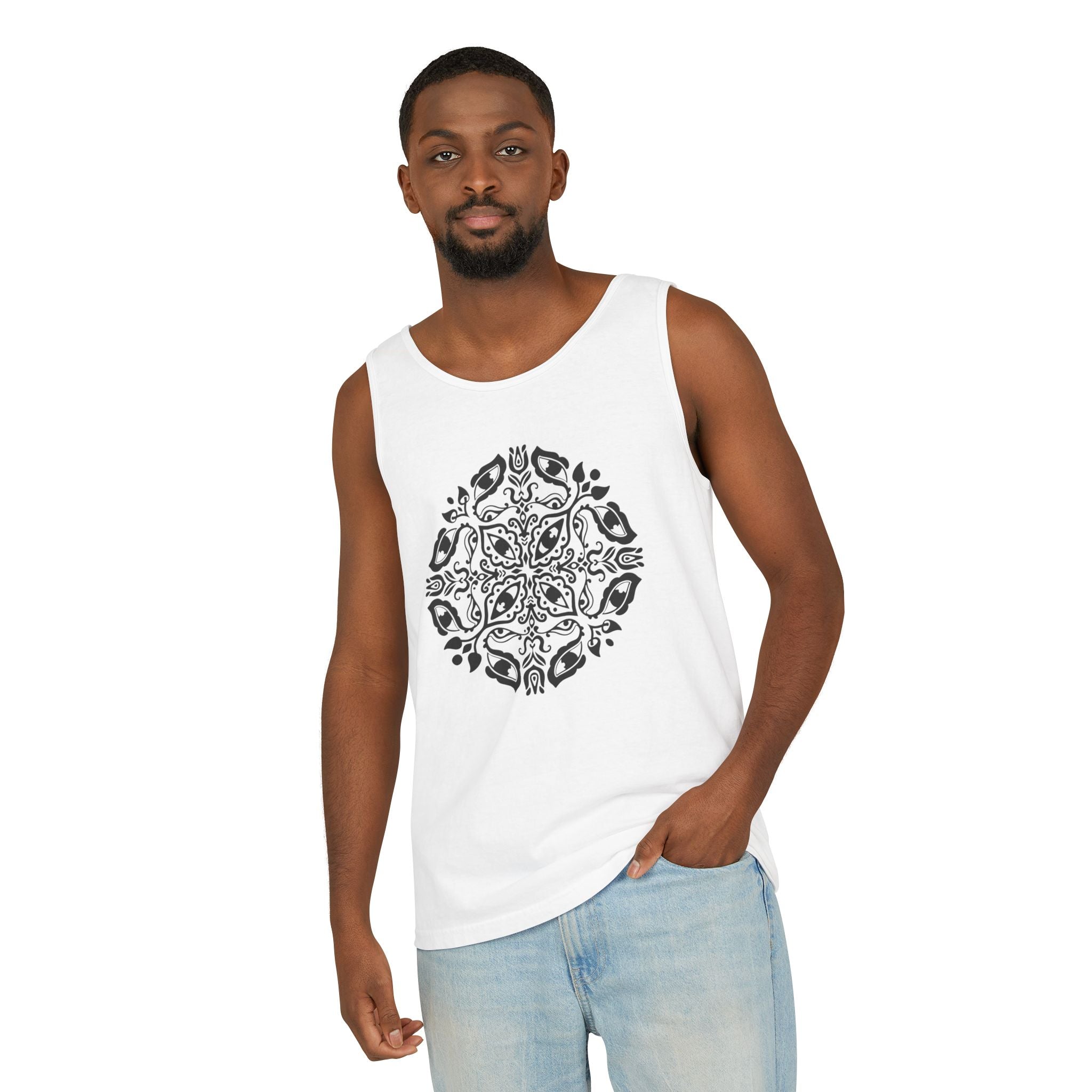 Boho Mandala Tank Top — Black Floral Circular Graphic Tank #fr3