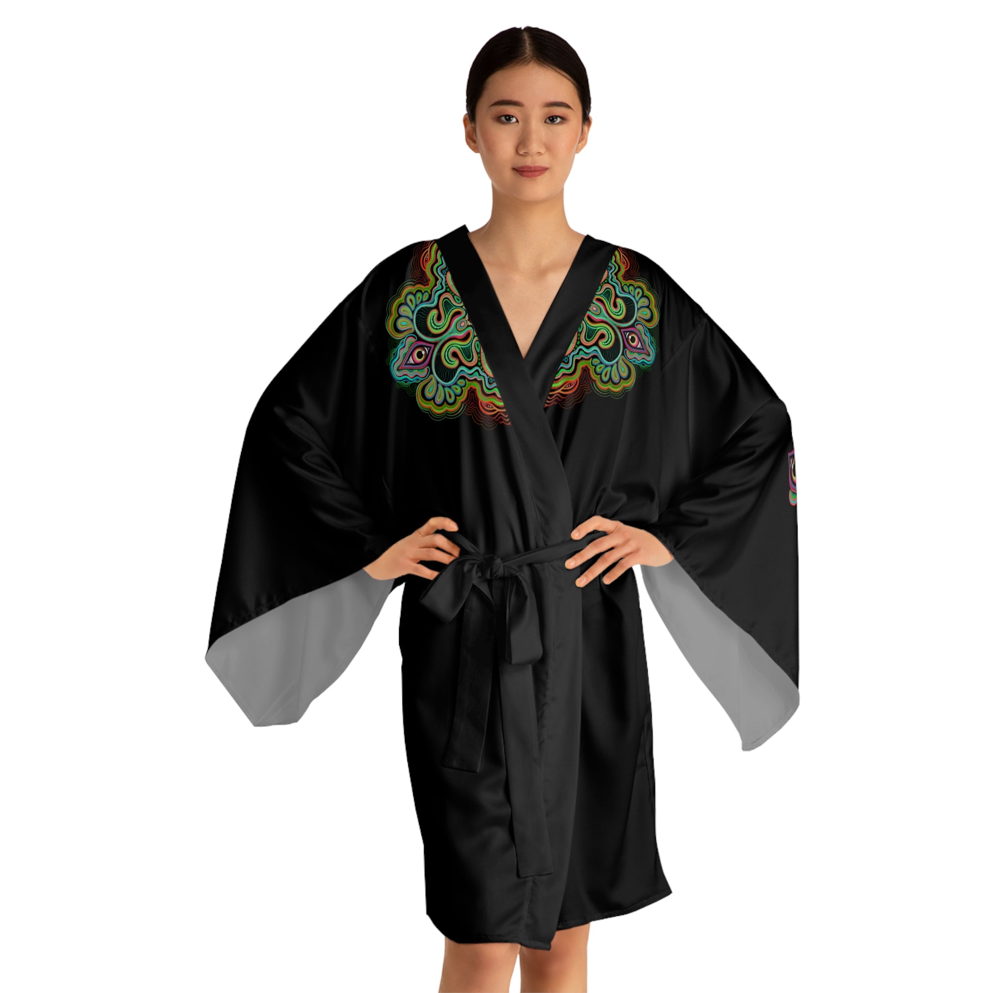 Black Kimono Robe with Colorful Mandala Accent – Long Sleeve Lounge Kimono #ki5