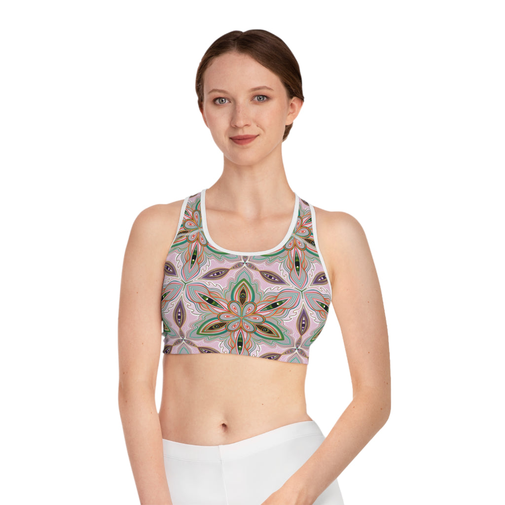 Floral Mandala Sports Bra — Pink Green All-Over Print Activewear #h00532