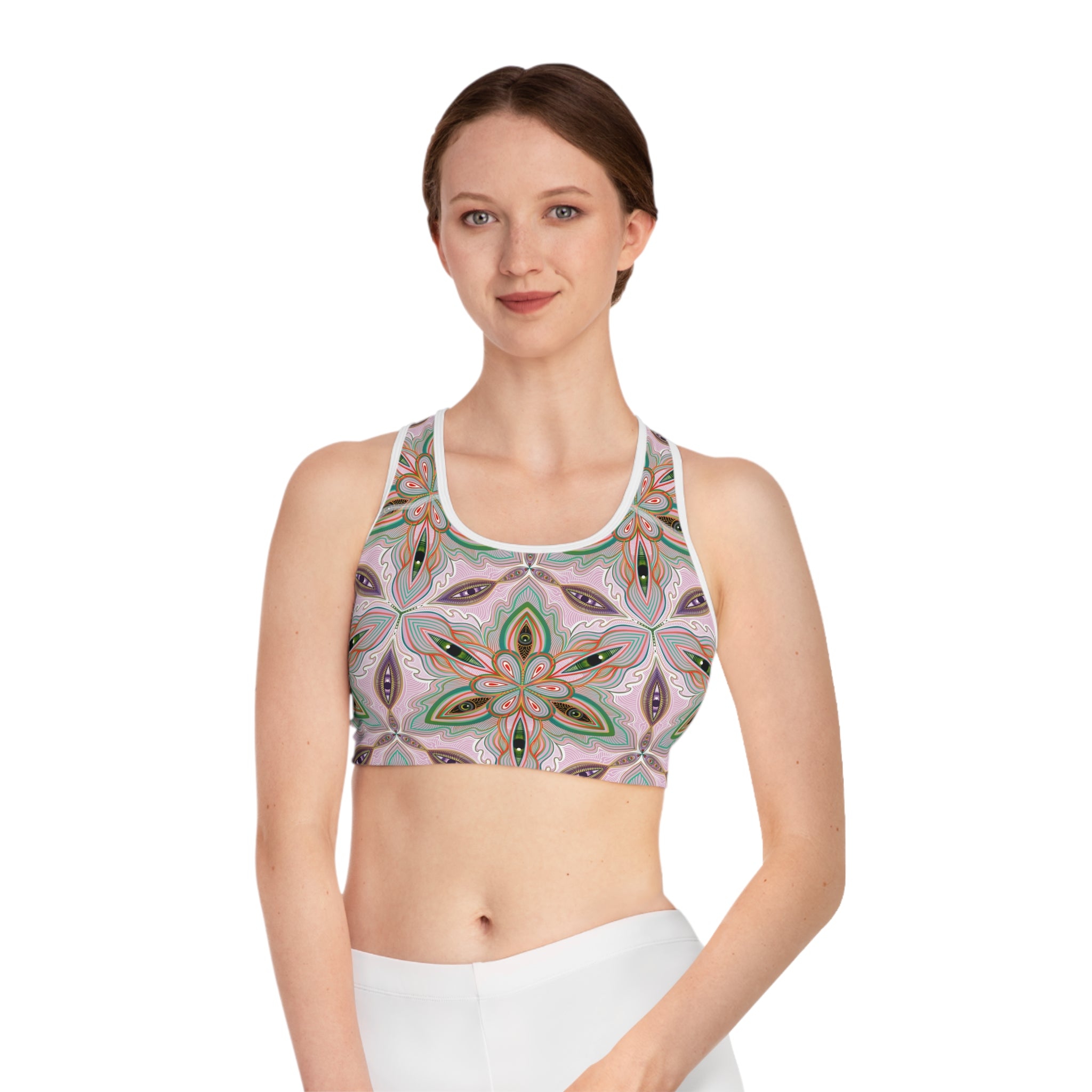 Floral Mandala Sports Bra — Pink Green All-Over Print Activewear #h00532