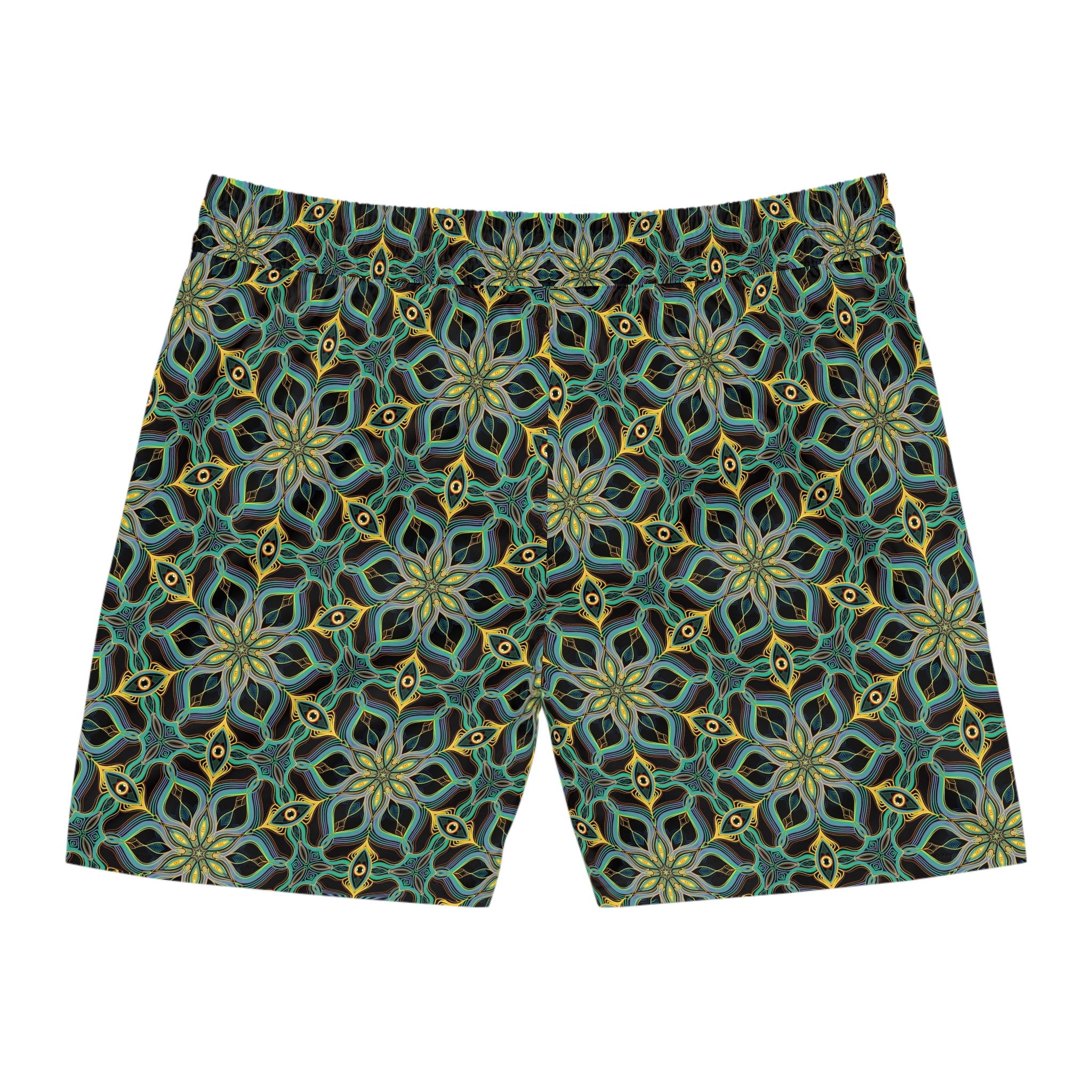 Men's Mid-Length Swim Shorts — Green Geometric Floral All-Over Print #jgd652245