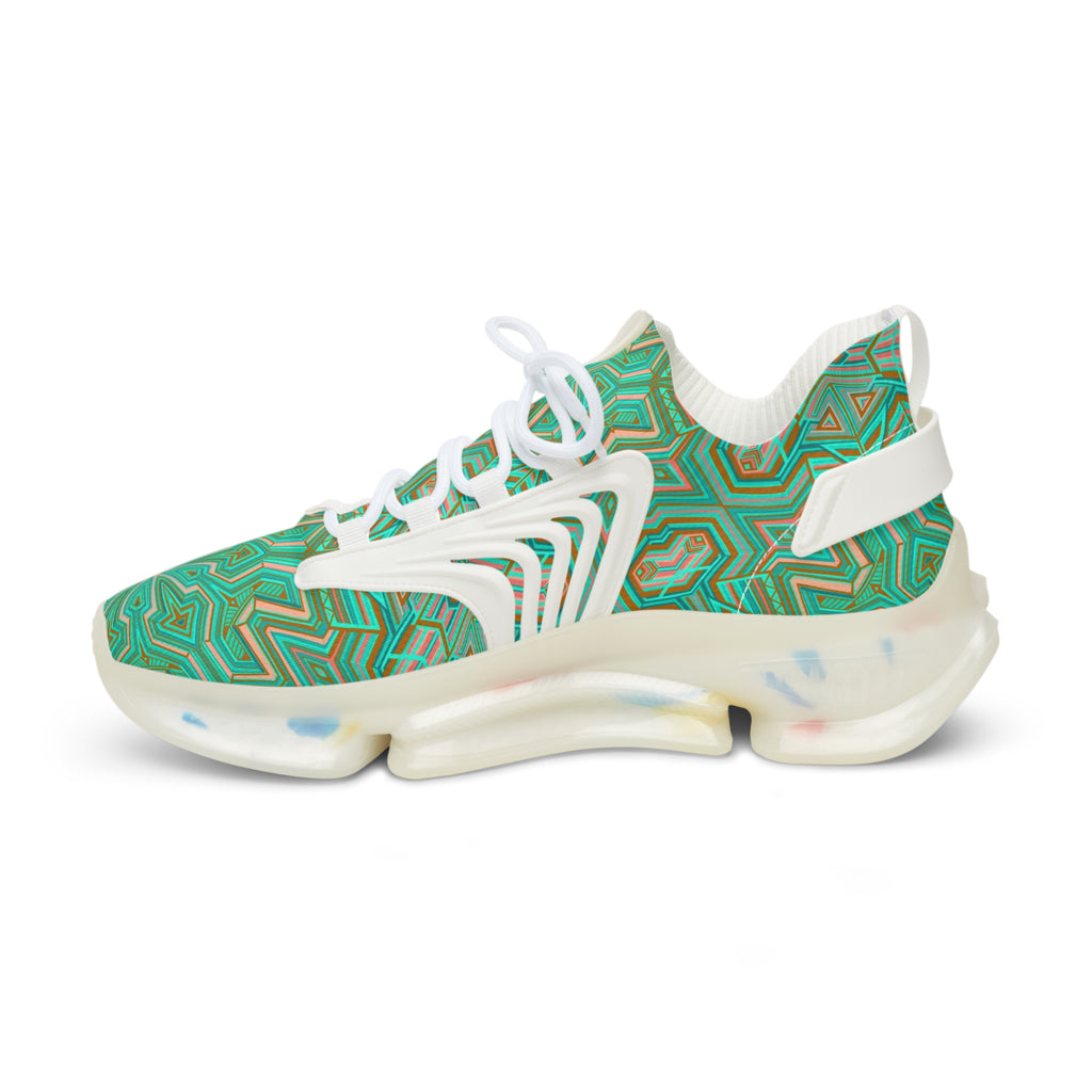 Green Geometric Mesh Sneakers — Men's Athletic Shoes with Kaleidoscope Pattern #khf87656