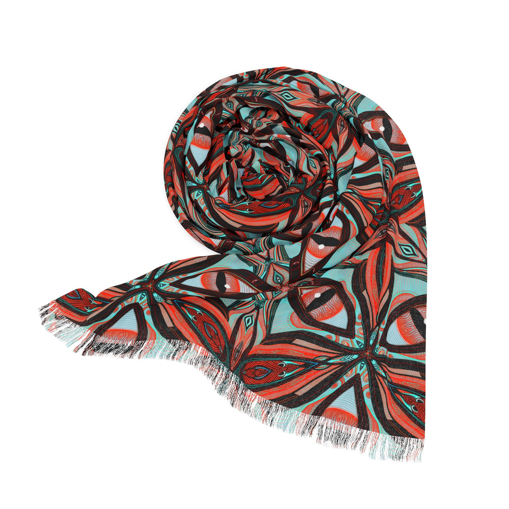 Geometric Floral Light Scarf — Boho Red & Teal Patterned Wrap #ij83798