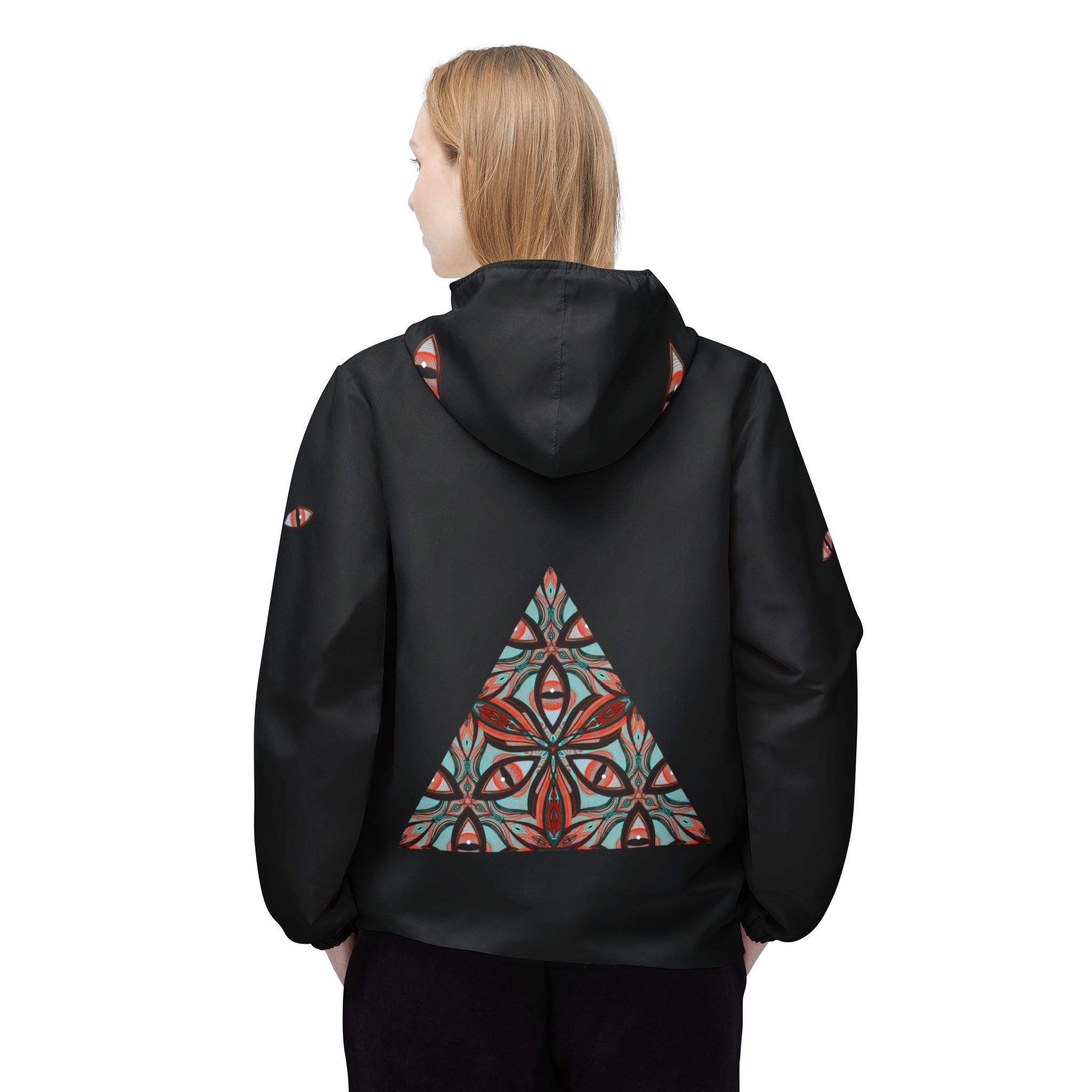 Kaleidoscope Geo Windbreaker Jacket — Patterned Triangle AOP Hooded Windbreaker #s1