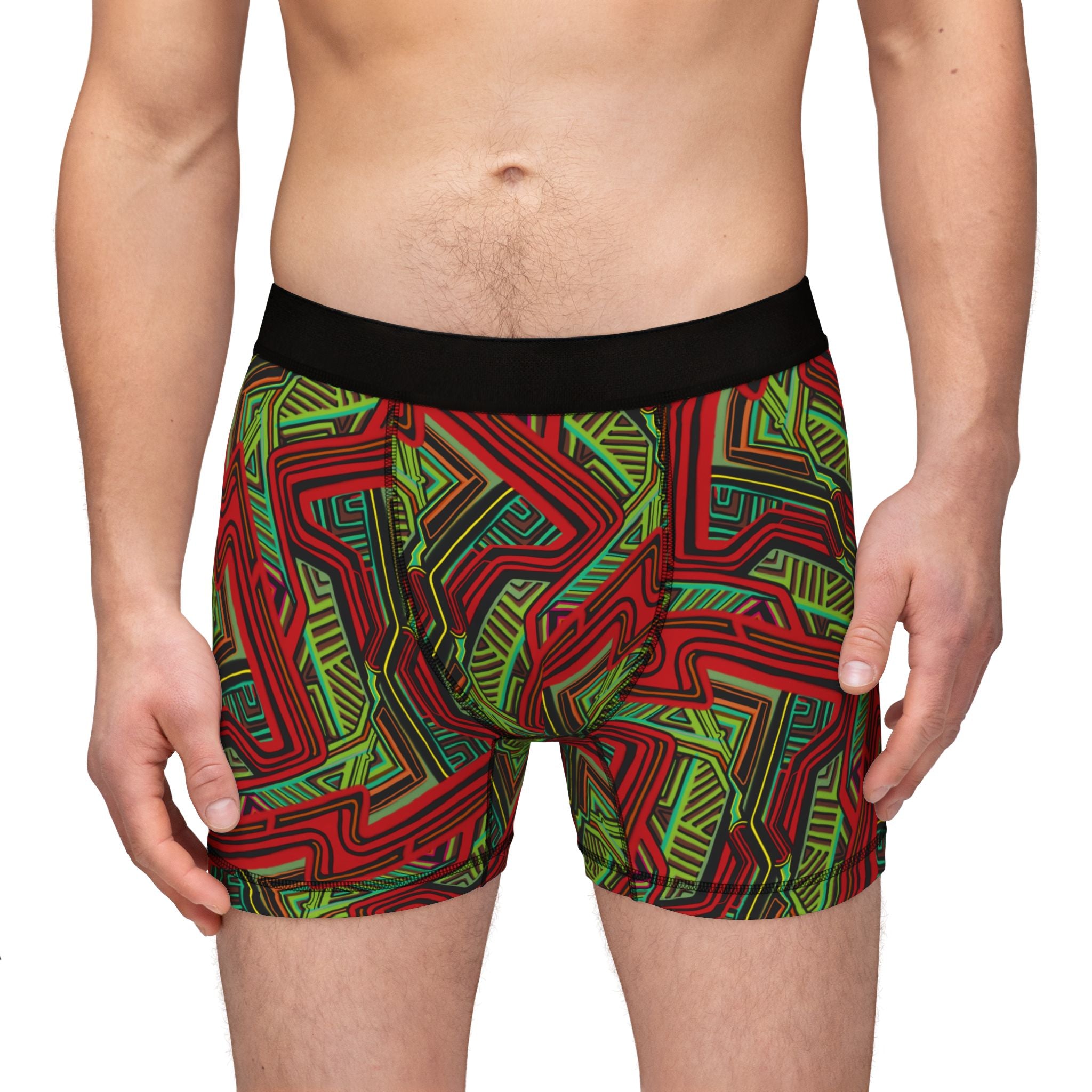 Geometric Red & Green Pattern Boxer Briefs — Men’s Festive Holiday Underwear #b123