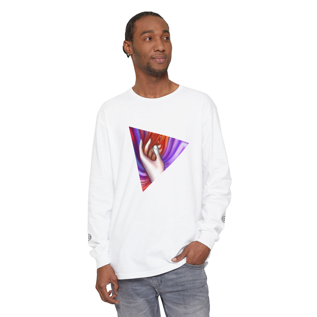 Long Sleeve T-Shirt — Triangular Hand Art Graphic (White) #sh26774
