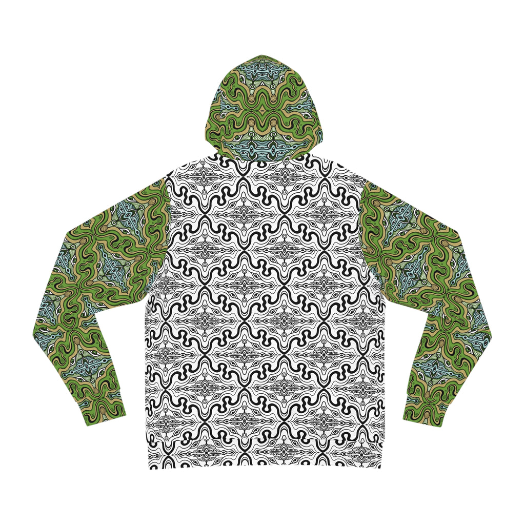 Green Psychedelic Pattern Hoodie — All-Over Print Abstract Hooded Sweatshirt #g98765346