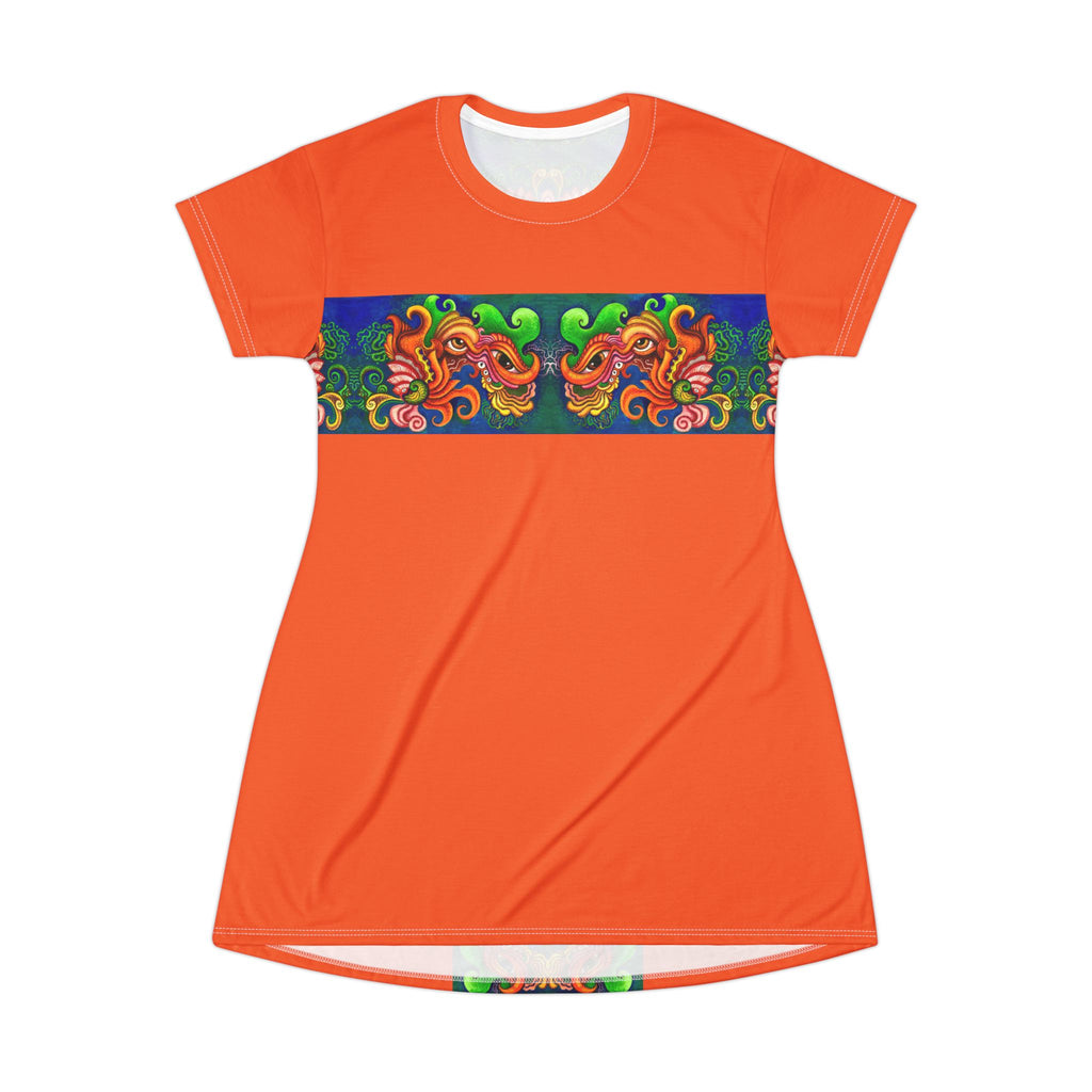 Boho Floral Face Motif T-Shirt Dress — Vertical Tribal-Inspired Print #d2