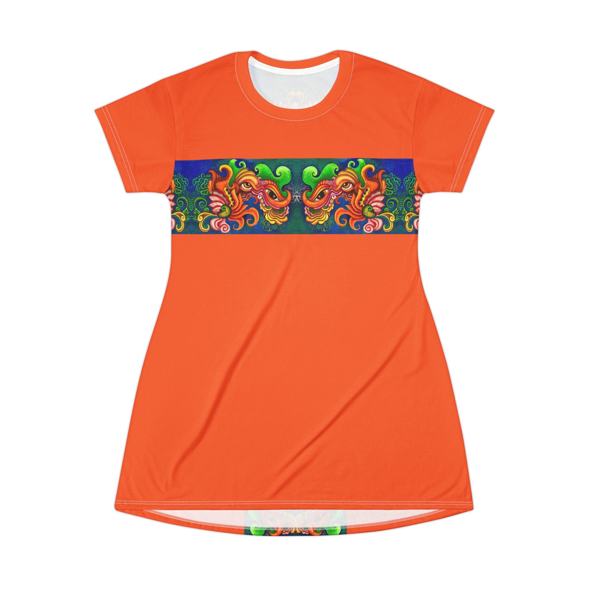 Boho Floral Face Motif T-Shirt Dress — Vertical Tribal-Inspired Print #d2