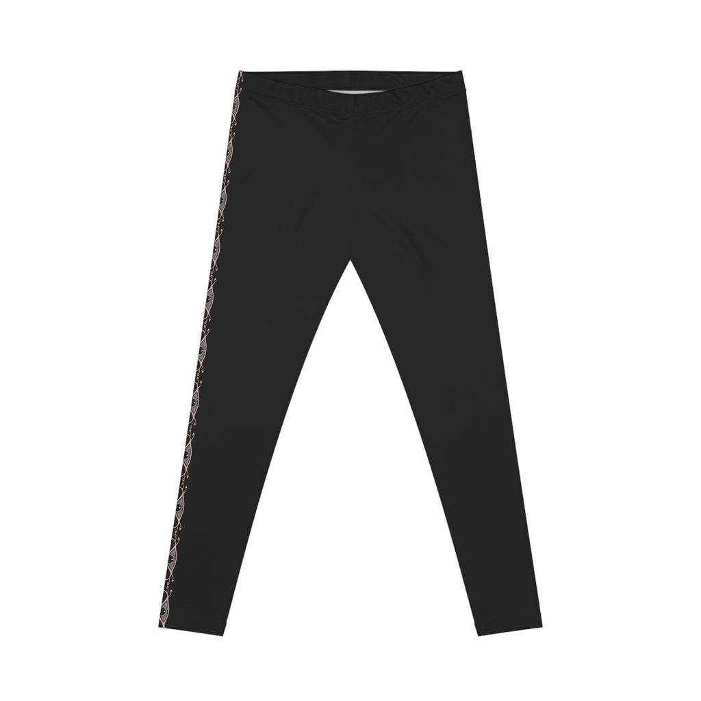 Black Side-Stripe Leggings with Subtle Floral Trim — Women's Casual Activewear #w457990
