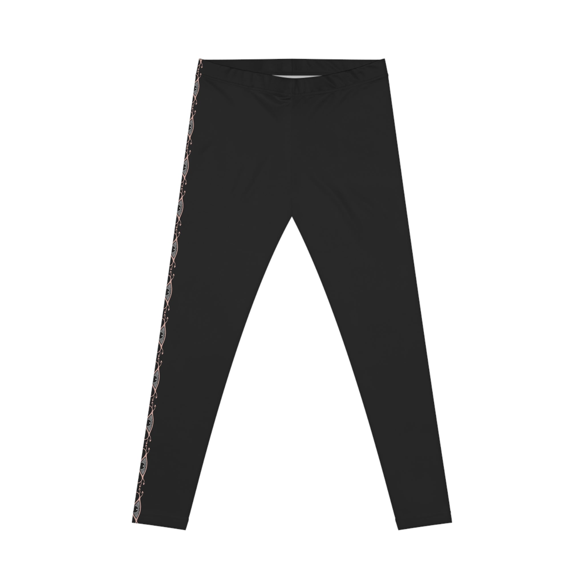 Black Side-Stripe Leggings with Subtle Floral Trim — Women's Casual Activewear #w457990
