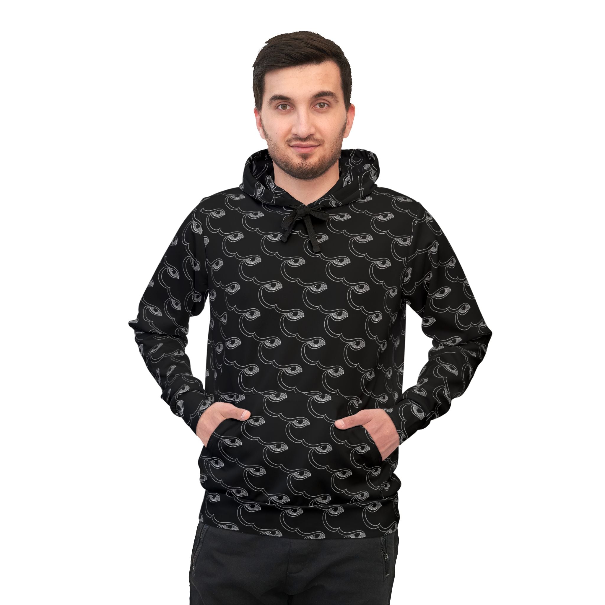 All-Over Print Black Wave Pattern Hoodie — Athletic Graphic Pullover #ur8373597