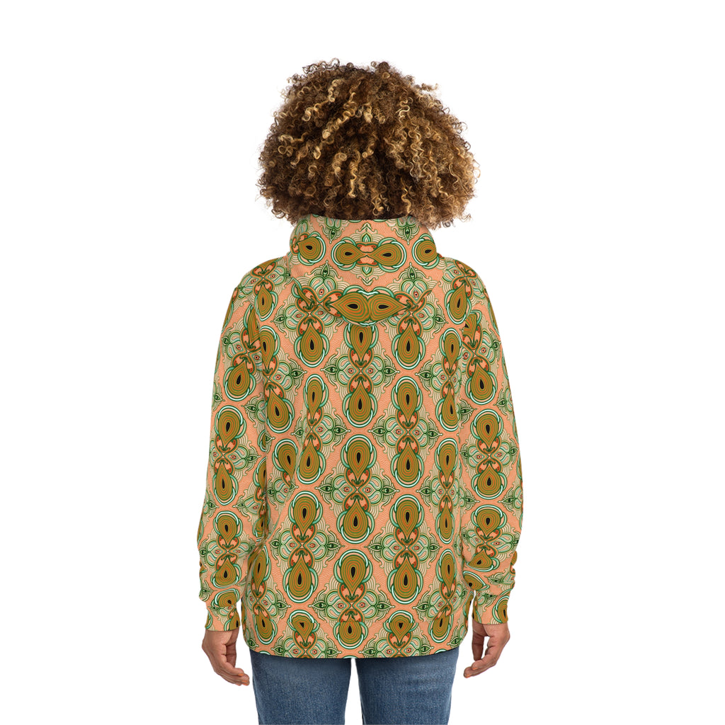 Retro Floral Pattern Hoodie — Green Orange All-Over Print Fashion Hoodie #g000635
