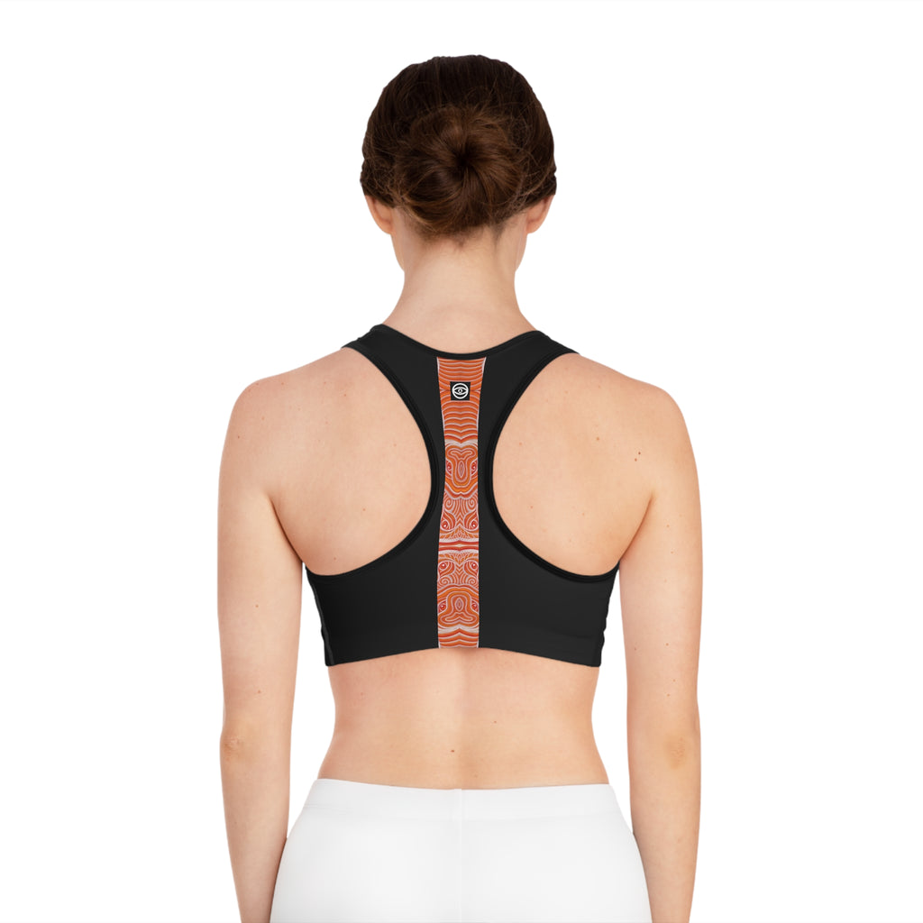 Women's Black Sports Bra with Vertical Orange Tribal Stripe — Athletic Crop Top #g000647