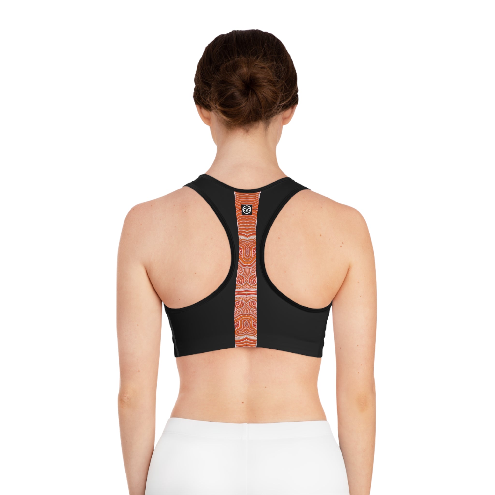 Women's Black Sports Bra with Vertical Orange Tribal Stripe — Athletic Crop Top #g000647